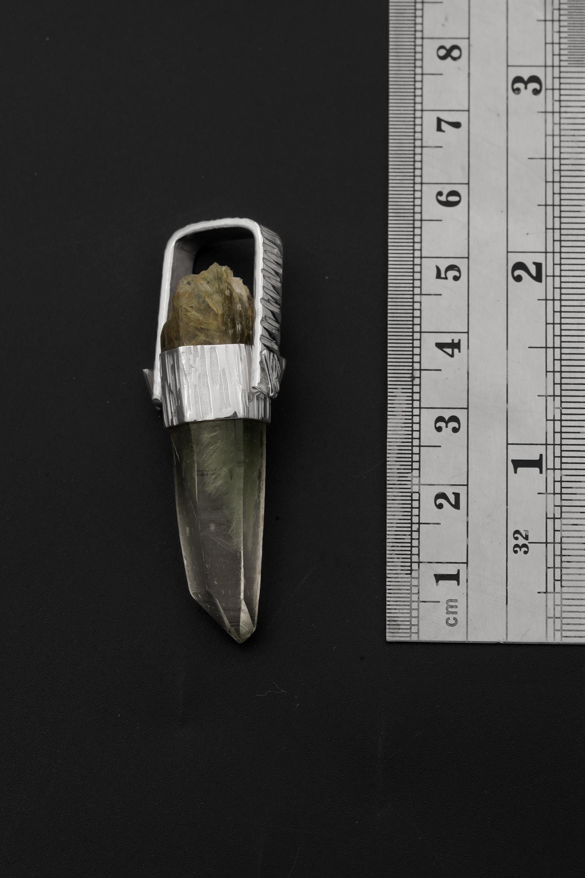 Himalayan Lemurian Laser Chlorite Rutile Quartz Point Pendant, Sterling Silver, Line Hammered Texture, High Shine Finish, Healing Jewelry