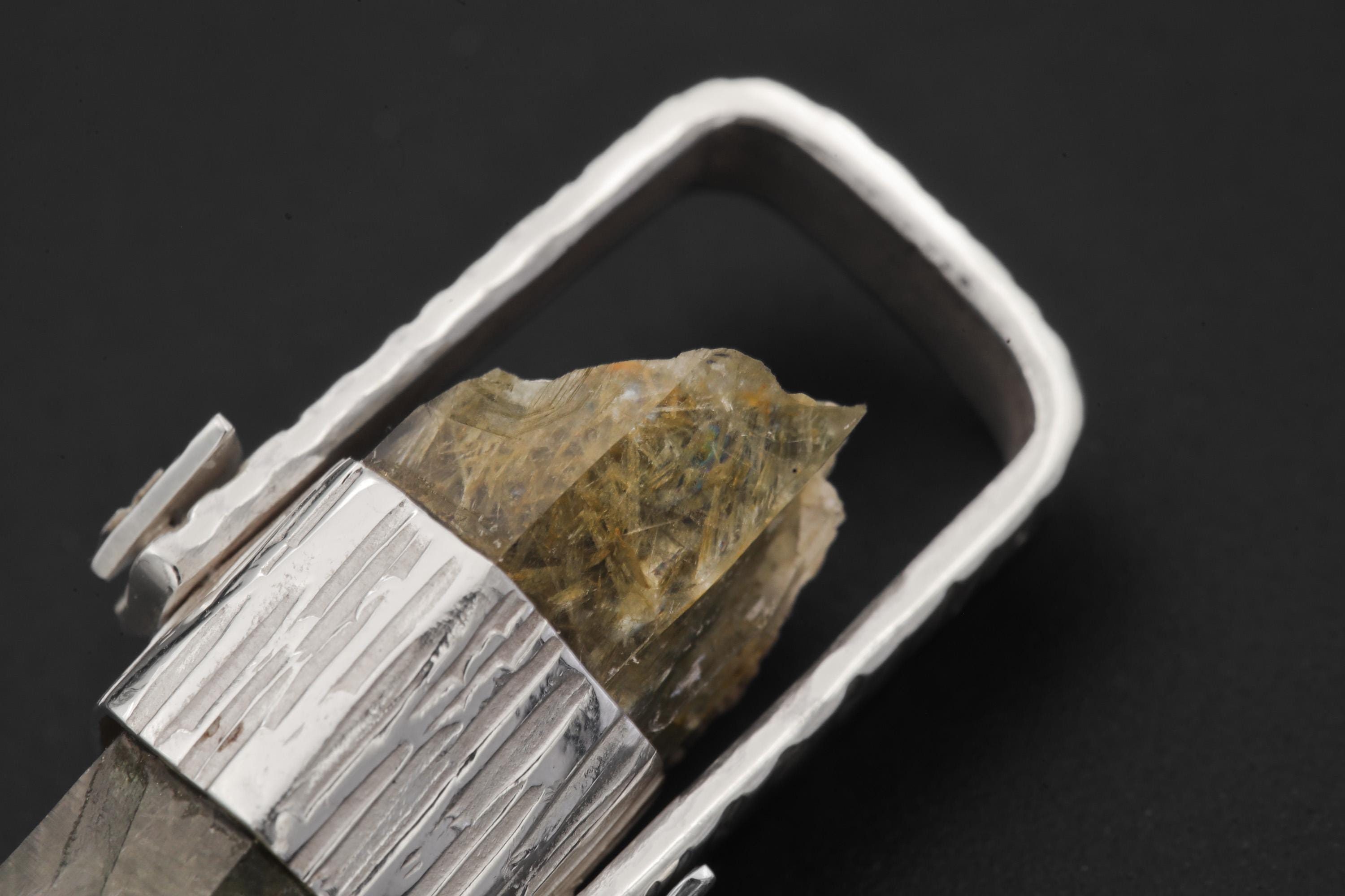 Himalayan Lemurian Laser Chlorite Rutile Quartz Point Pendant, Sterling Silver, Line Hammered Texture, High Shine Finish, Healing Jewelry