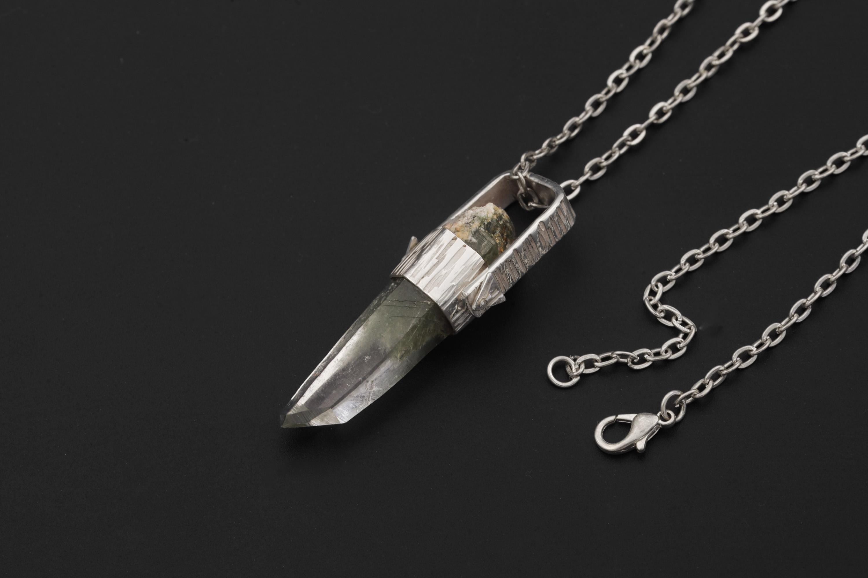 Himalayan Lemurian Laser Chlorite Rutile Quartz Point Pendant, Sterling Silver, Line Hammered Texture, High Shine Finish, Healing Jewelry