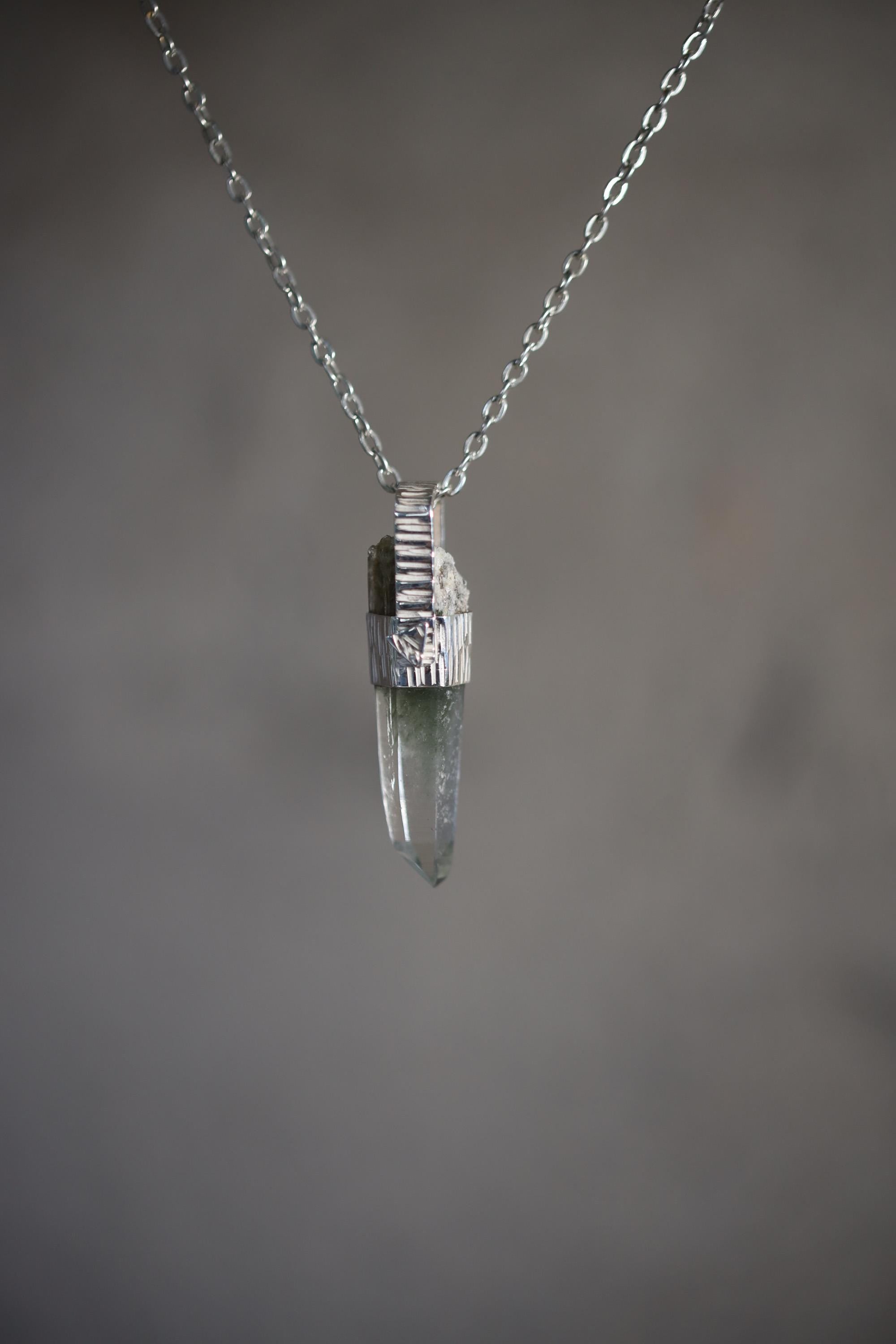 Himalayan Lemurian Laser Chlorite Rutile Quartz Point Pendant, Sterling Silver, Line Hammered Texture, High Shine Finish, Healing Jewelry