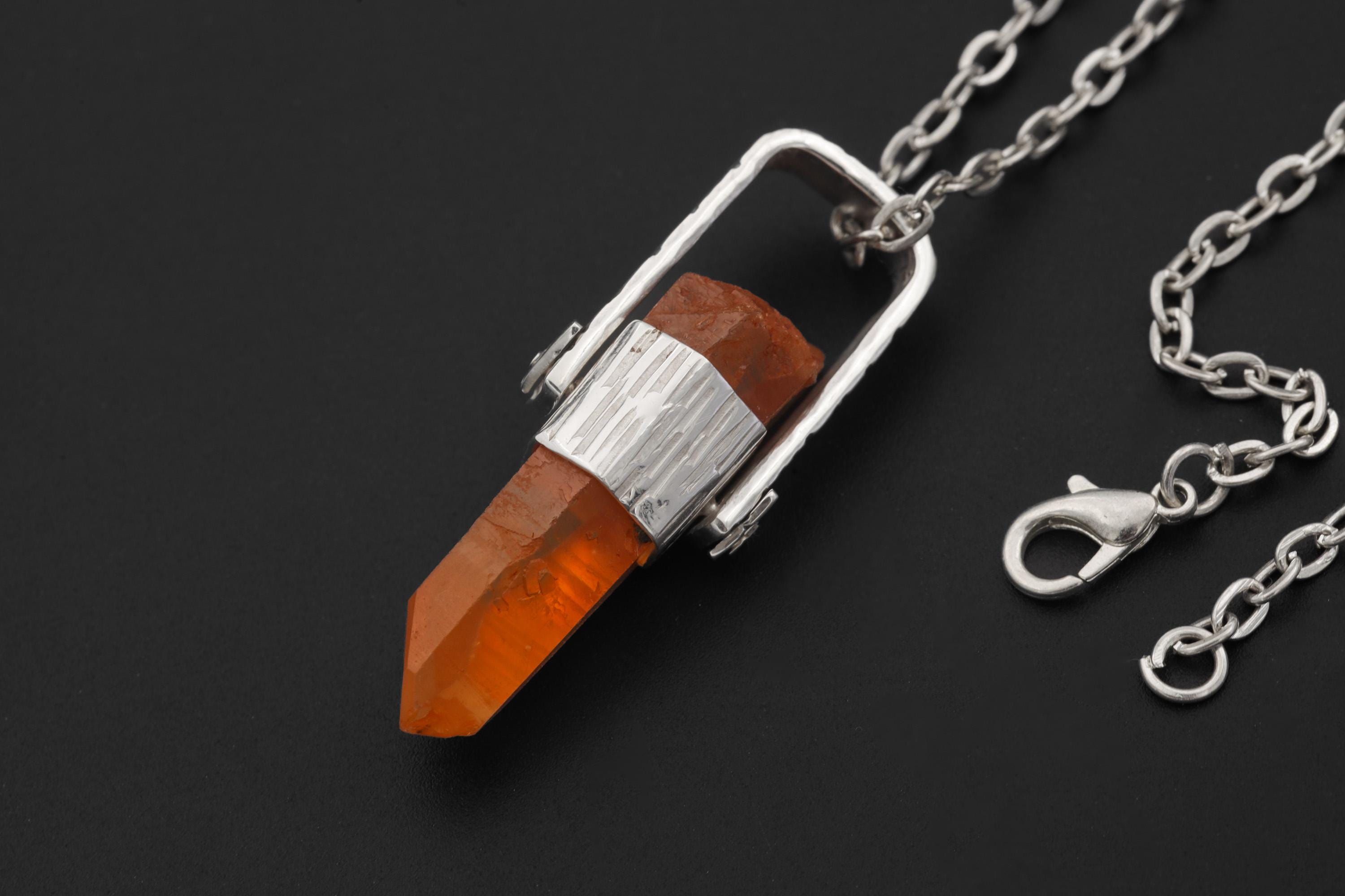Australian Lemurian Quartz Pendant 925 Sterling Silver Hammered Cap Orange Crystal Point Crown Chakra Gift