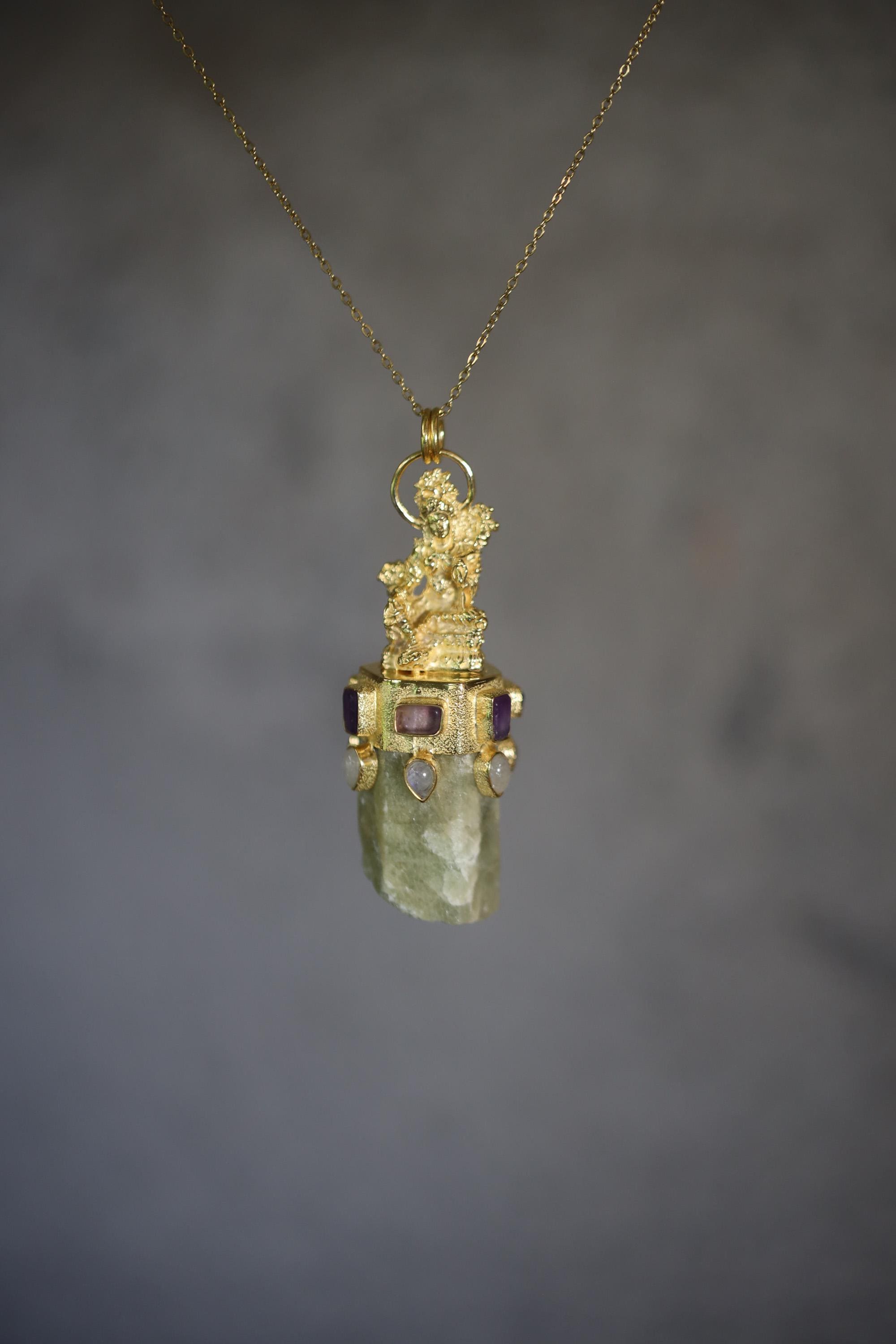 Cast Praying Sarasvati Talisman, Amethyst Quartz, Blue Moonstone, Chunky Natural Australian Aquamarine Wand, 925 Silver, Gold Plated