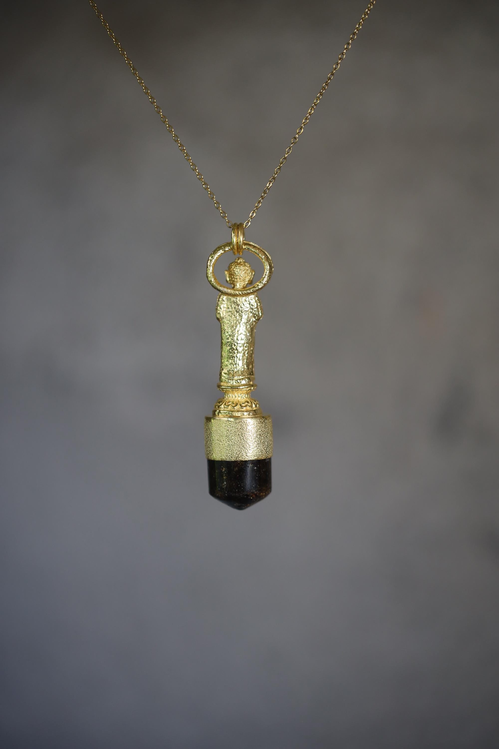 Cast Buddha talisman pendant with Lightning Ridge Opal & Polished gem Brown Dravite Tourmaline point, gold plated, spiritual jewelry.