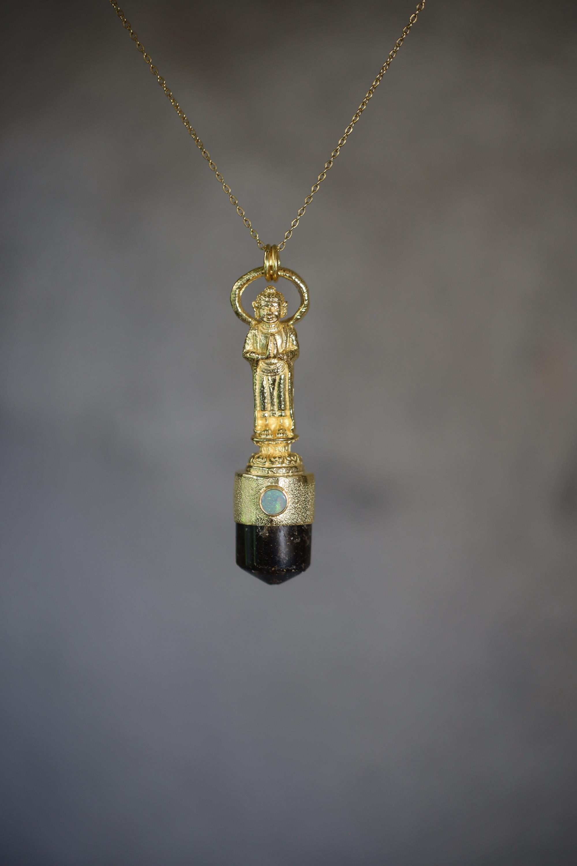 Cast Buddha talisman pendant with Lightning Ridge Opal & Polished gem Brown Dravite Tourmaline point, gold plated, spiritual jewelry.
