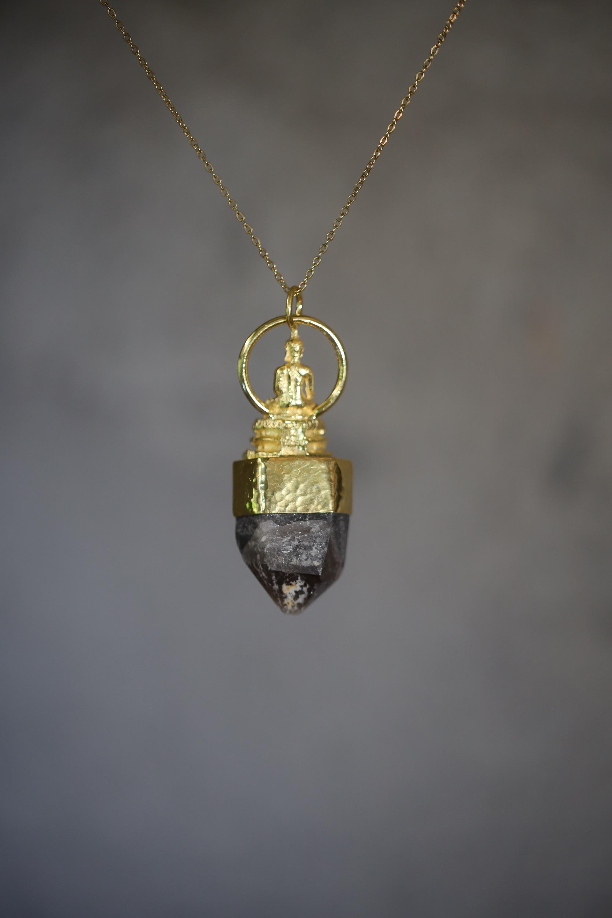 Buddha Talisman Pendant, Ethiopian Opal & Australian Dark Smoky Record Keeper Quartz, Gold Plated, Crown Chakra Meditation Jewelry