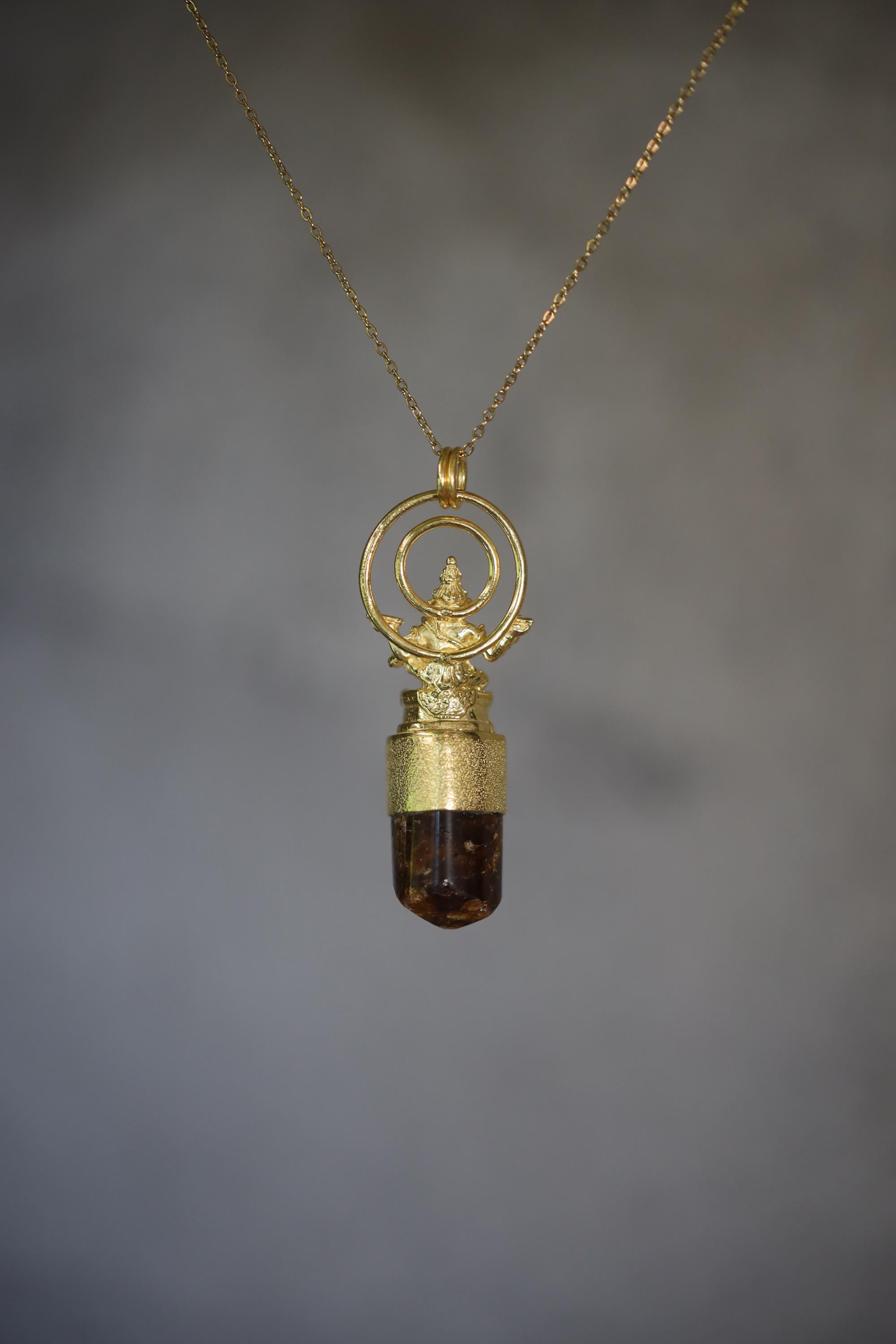 Lord Ganesha Talisman Pendant, Square Aquamarine, Brown Dravite Tourmaline, 925 Silver, Gold Plated Wisdom & Grounding Christmas Gift