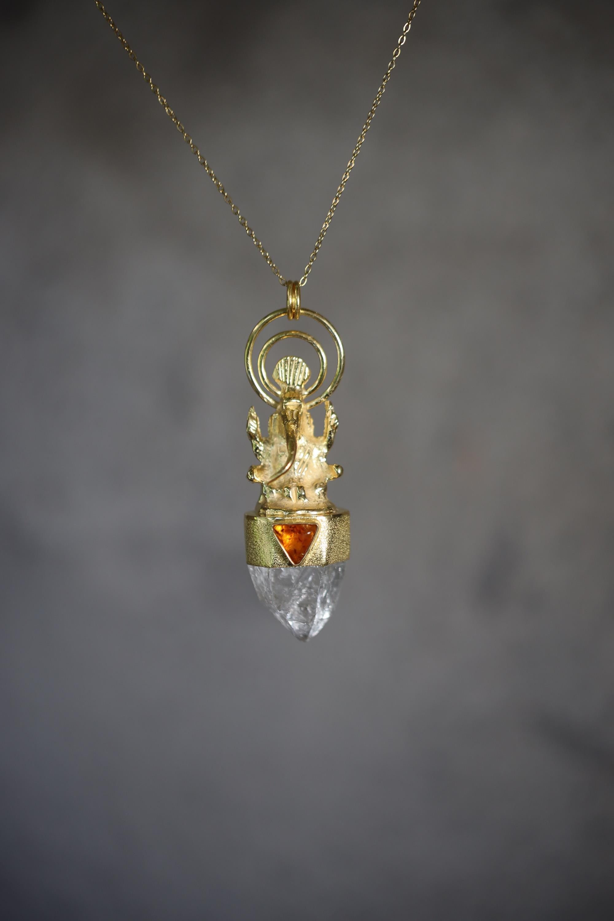 Brass Talisman Ganesha Baltic Amber, Rainbow Pyrite Inclusion Quartz Pendant, 925 Silver Gold Plated Finish, Chakra Energy, Boho Jewelry