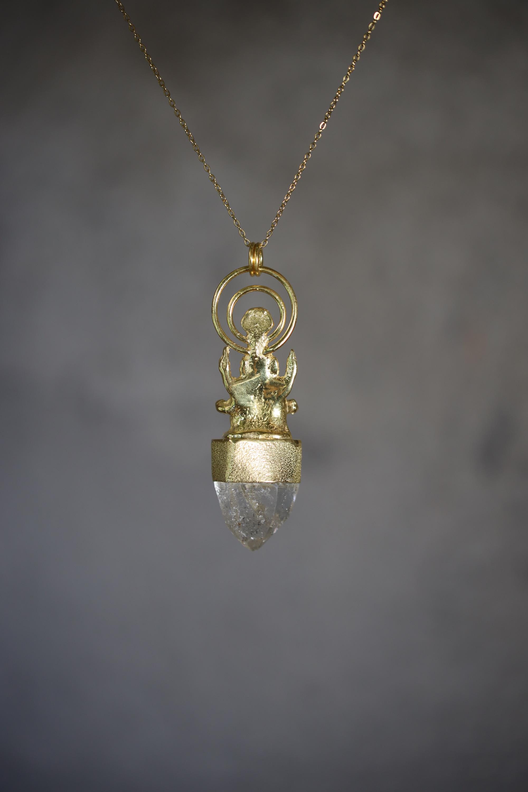 Brass Talisman Ganesha Baltic Amber, Rainbow Pyrite Inclusion Quartz Pendant, 925 Silver Gold Plated Finish, Chakra Energy, Boho Jewelry