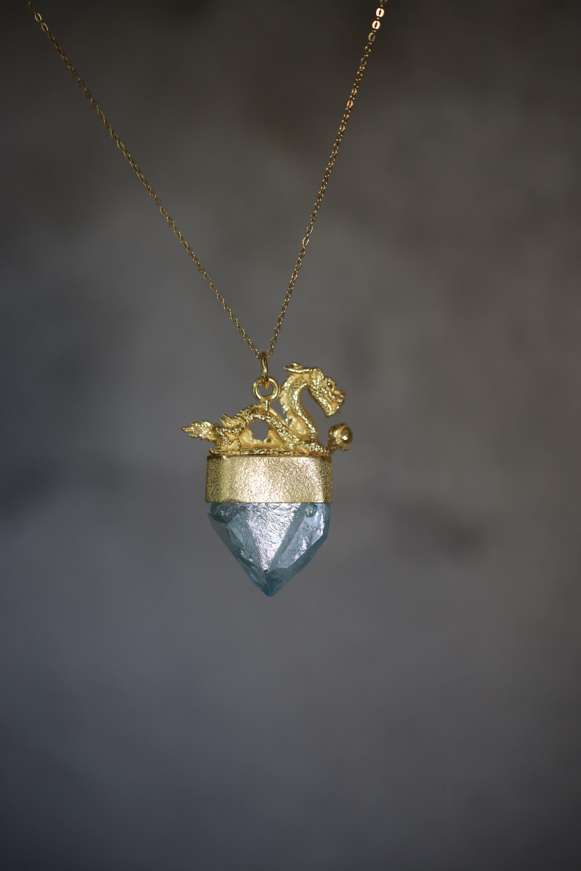 Dragon Amethyst Aqua Aura Quartz Pendant, 925 Silver Bezel Gold Plated, Hammered Texture, Crown Third Eye Throat, Protection Talisman