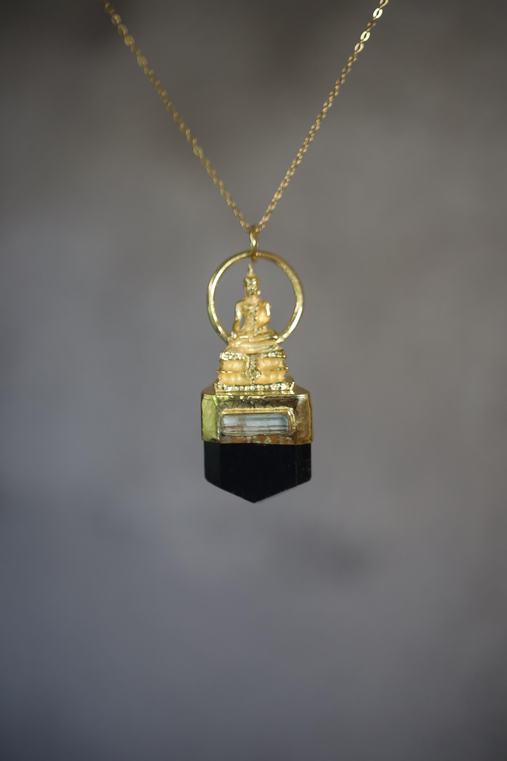 Buddha Meditation Pendant Black Tourmaline Smoky Quartz 925 Silver Gold Brass Root Chakra Talisman Gift