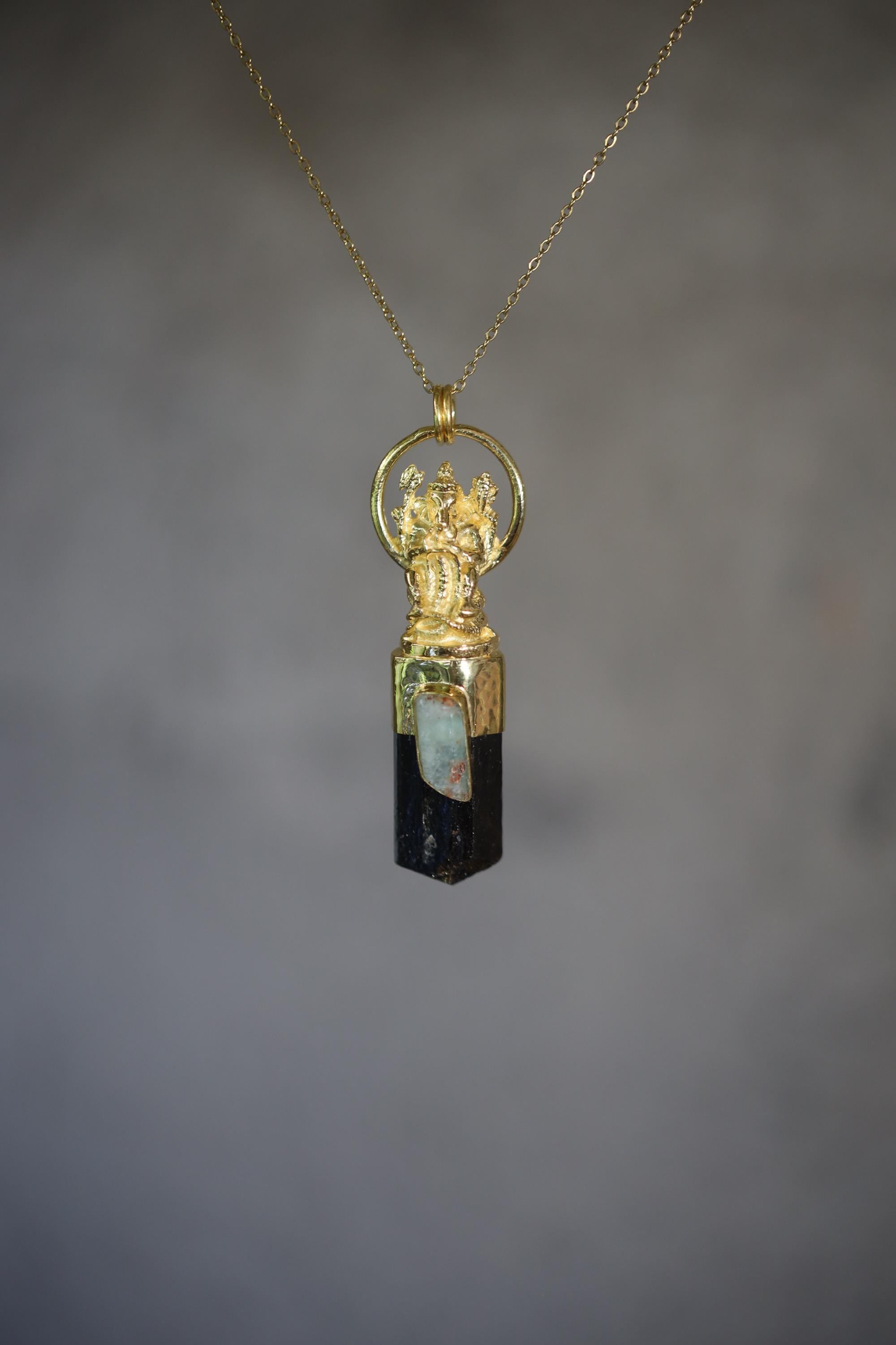 Lord Ganesha Aquamarine Black Tourmaline Talisman Pendant, Gold Plated Brass & Sterling Silver, Protection Healing Energy, Chakra Jewelry