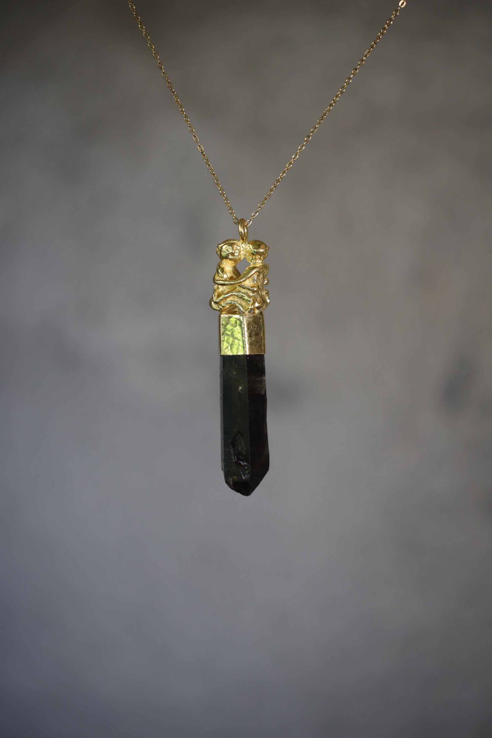 Pink Tourmaline Ruby Smoky Quartz Talisman Pendant, Cast Loving Couple, 925 Silver Bezel, Gold Plated, Heart Root Chakra Amulet