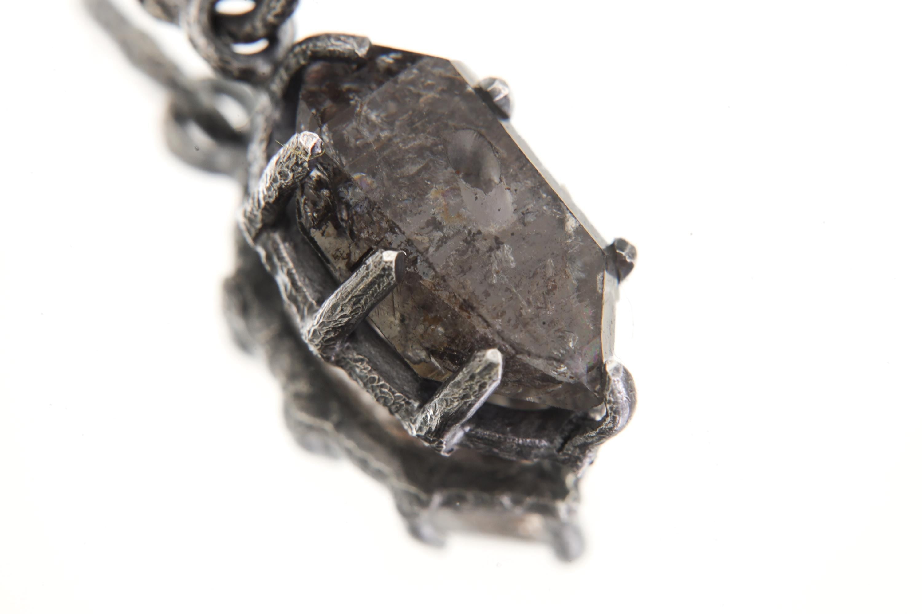 Tibetan Petroleum Inclusion Quartz Pendant High Grade Tabular Crystal Oxidised Silver Claw Setting Crown Chakra Jewelry