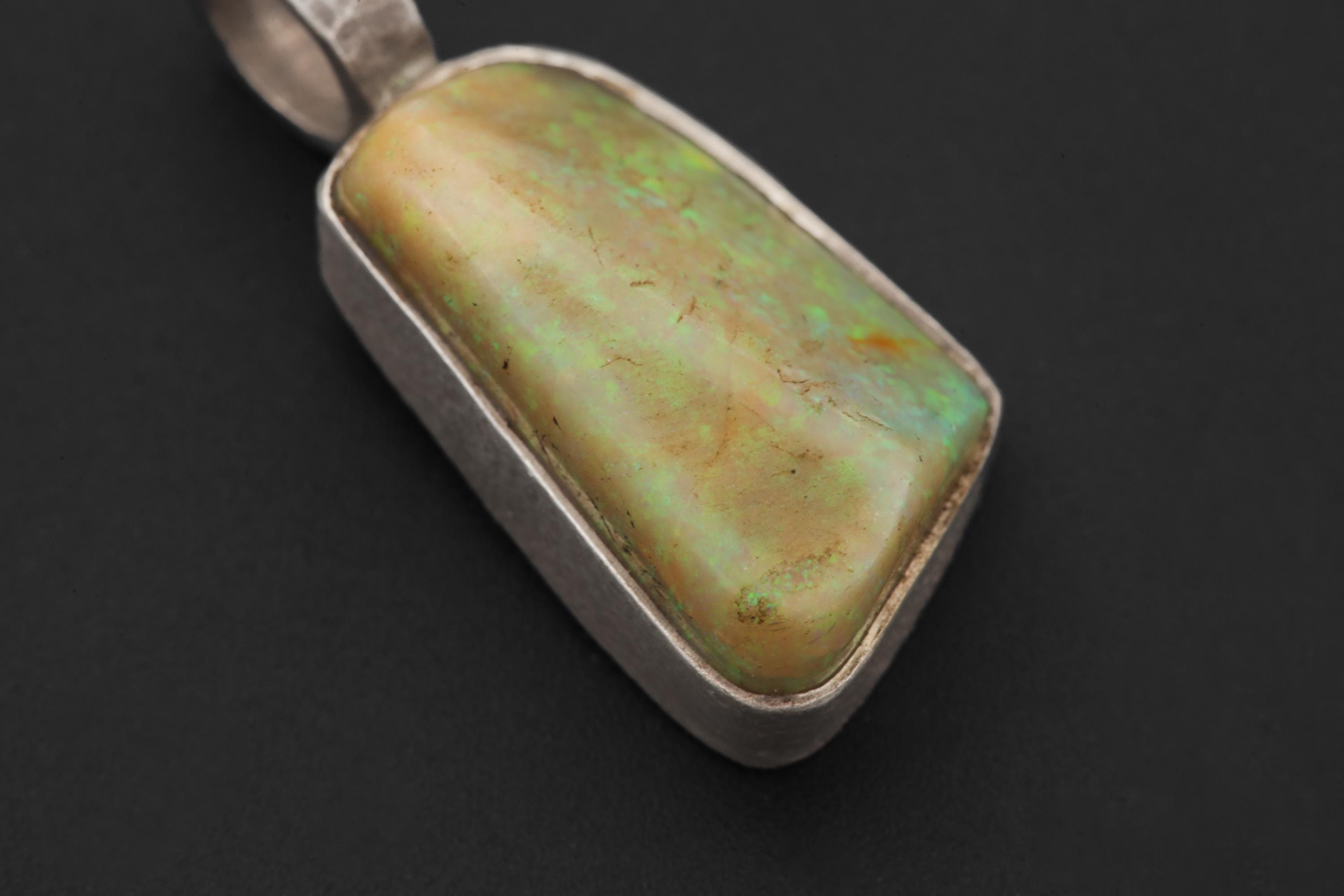 Solid Lightning Ridge White Fiery Gem Opal Pendant, 925 Silver, Hammered Round Bail, Organic Bezel Texture, 22ct Australian Opal Jewelry