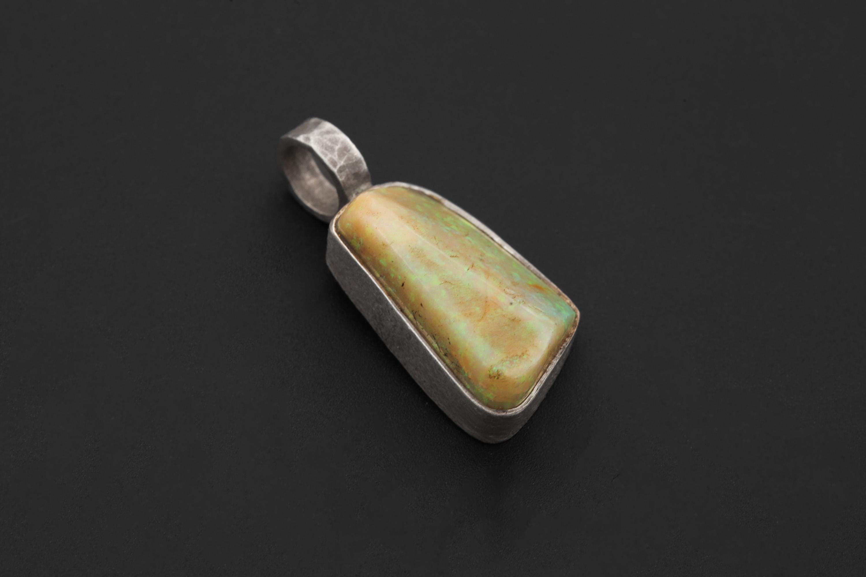 Solid Lightning Ridge White Fiery Gem Opal Pendant, 925 Silver, Hammered Round Bail, Organic Bezel Texture, 22ct Australian Opal Jewelry