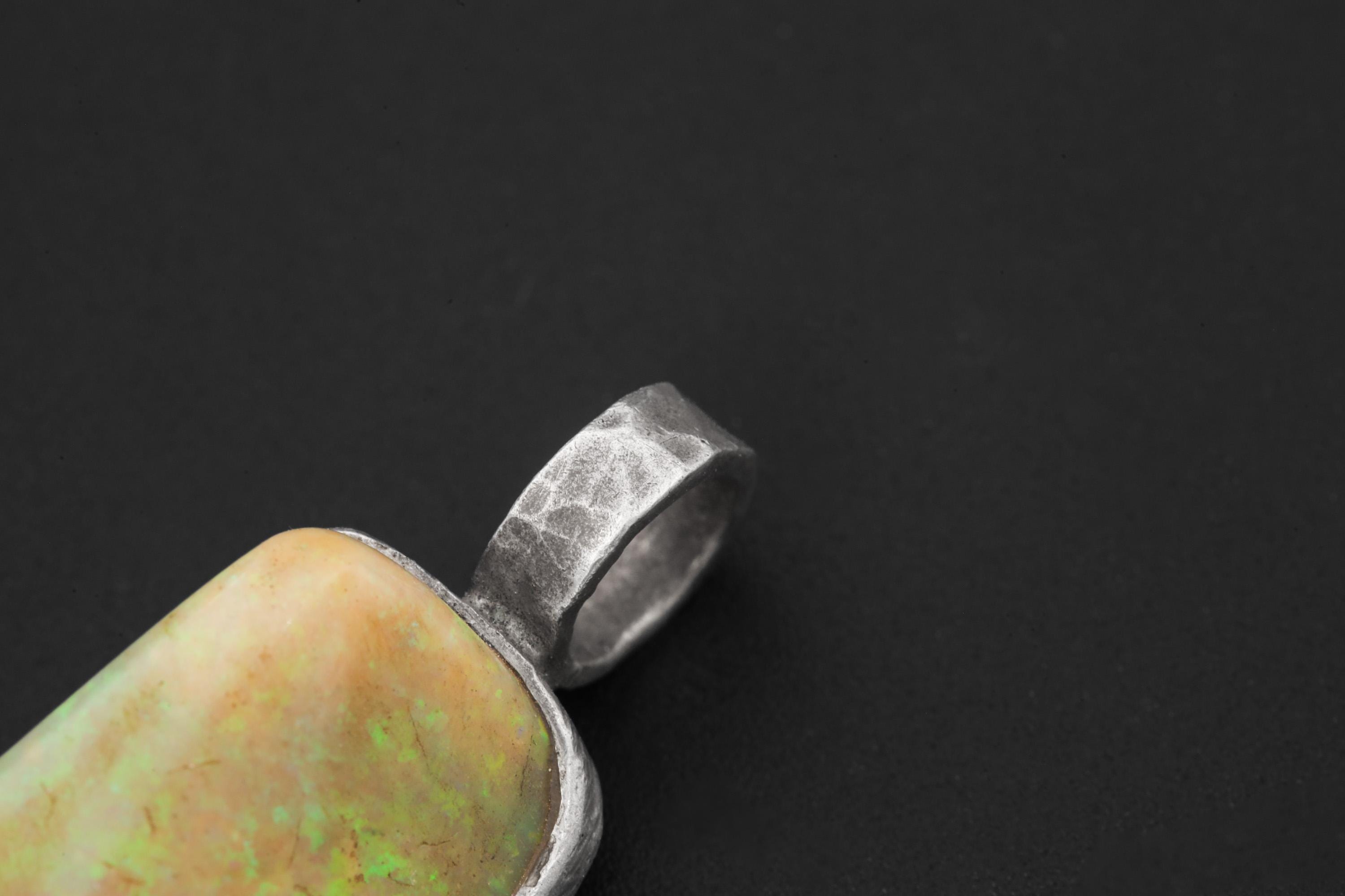 Solid Lightning Ridge White Fiery Gem Opal Pendant, 925 Silver, Hammered Round Bail, Organic Bezel Texture, 22ct Australian Opal Jewelry