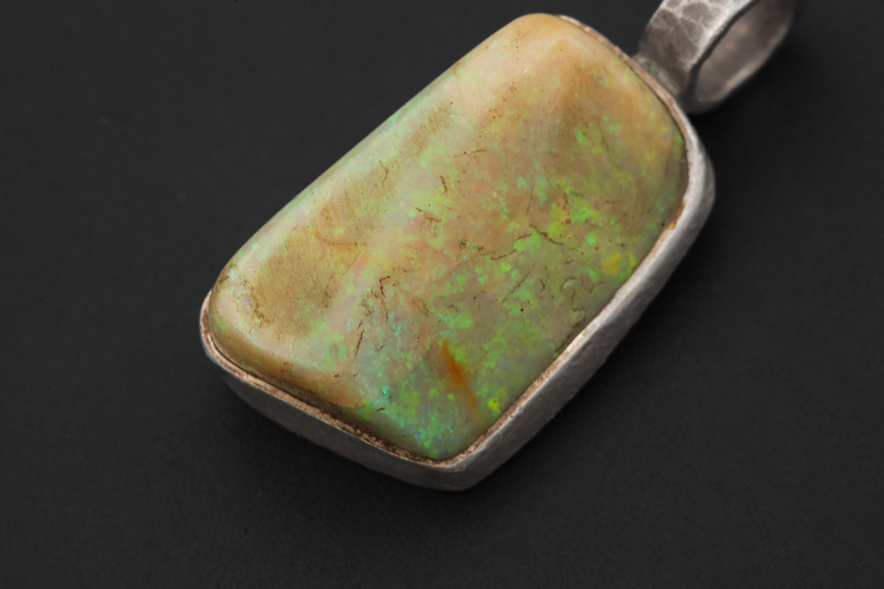 Solid Lightning Ridge White Fiery Gem Opal Pendant, 925 Silver, Hammered Round Bail, Organic Bezel Texture, 22ct Australian Opal Jewelry