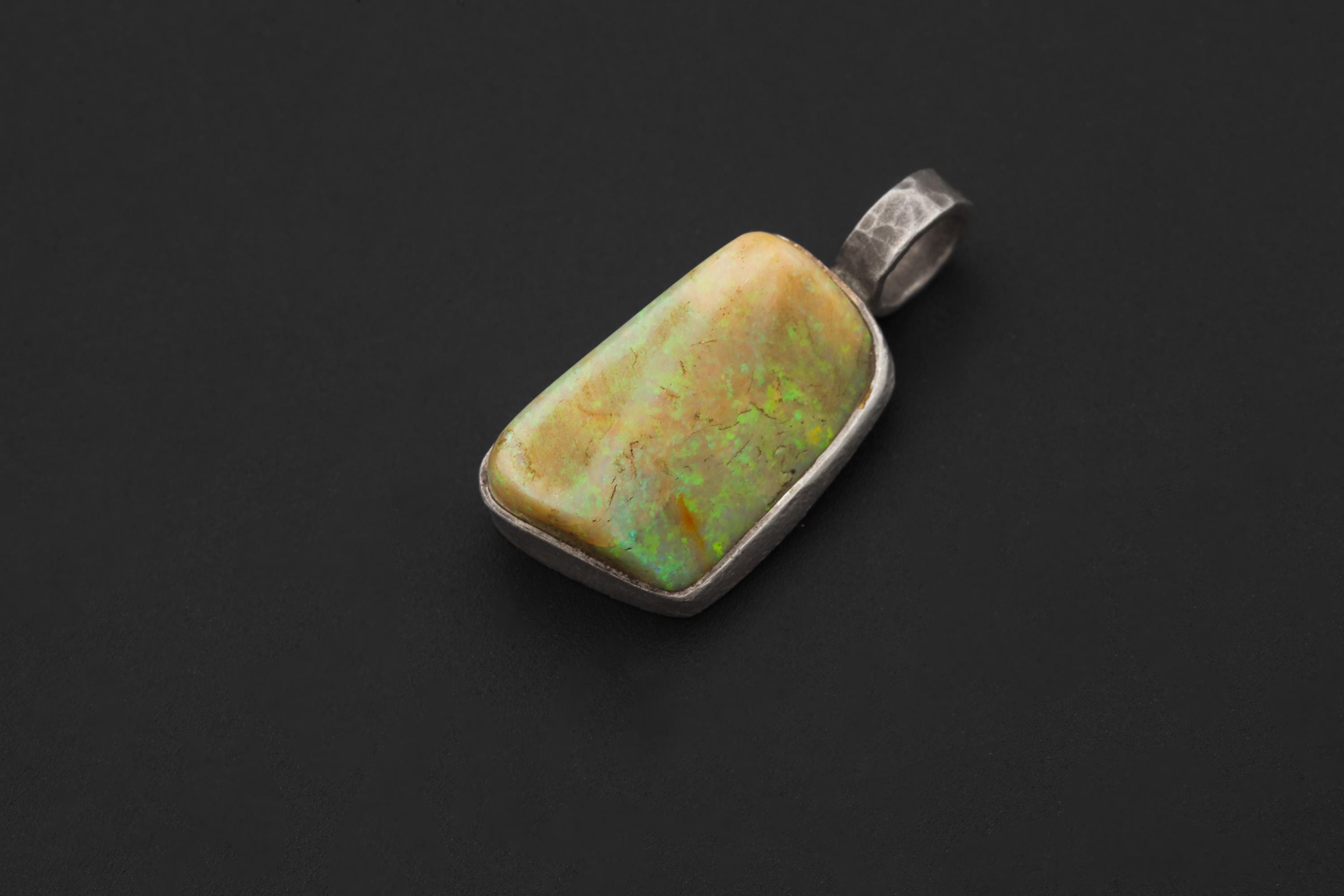 Solid Lightning Ridge White Fiery Gem Opal Pendant, 925 Silver, Hammered Round Bail, Organic Bezel Texture, 22ct Australian Opal Jewelry
