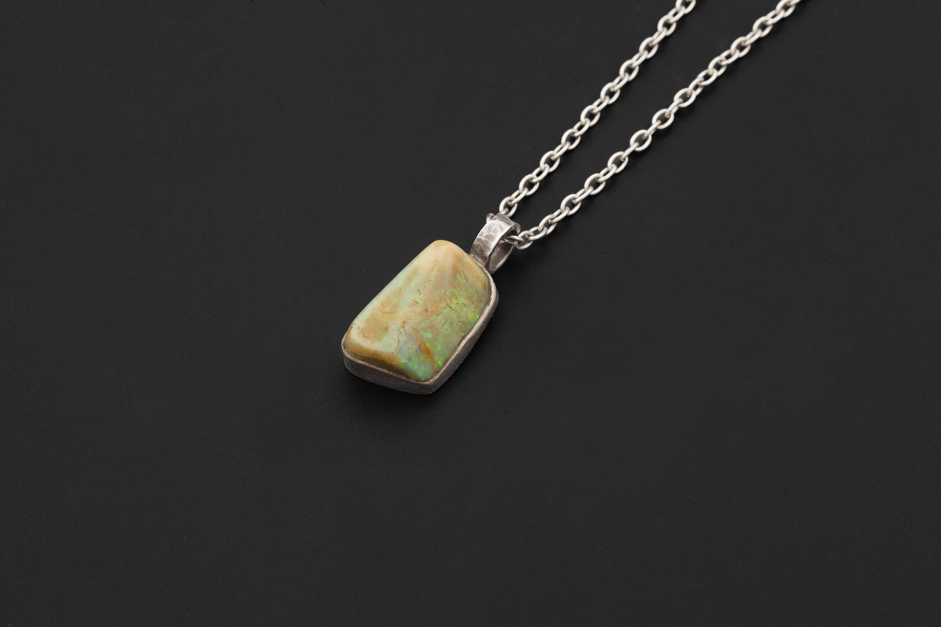 Solid Lightning Ridge White Fiery Gem Opal Pendant, 925 Silver, Hammered Round Bail, Organic Bezel Texture, 22ct Australian Opal Jewelry