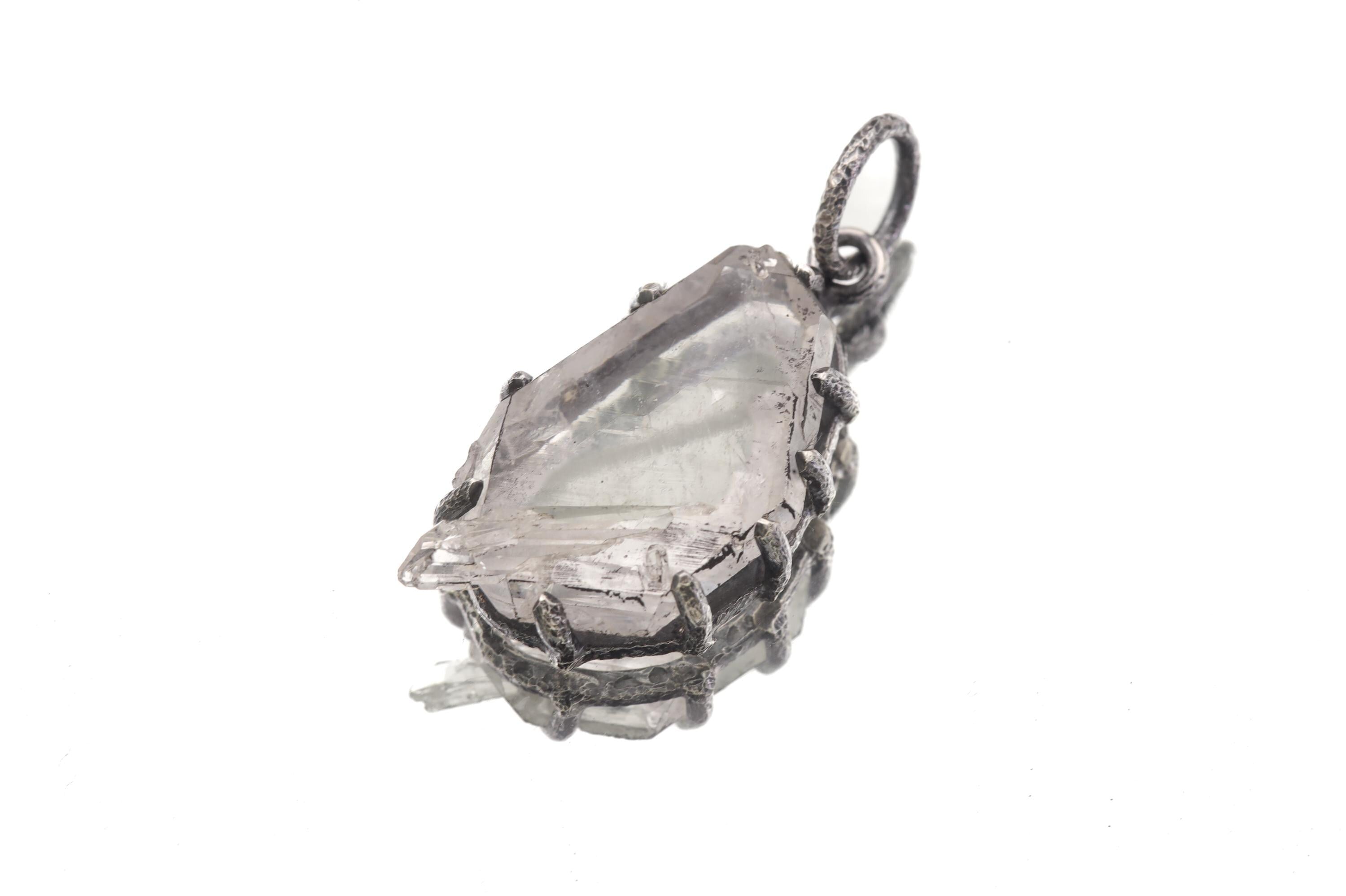 Tabular Faden Quartz Pendant Sterling Silver Claw Setting Hammer Texture Oxidized Finish Crown Chakra Raw Crystal Jewelry