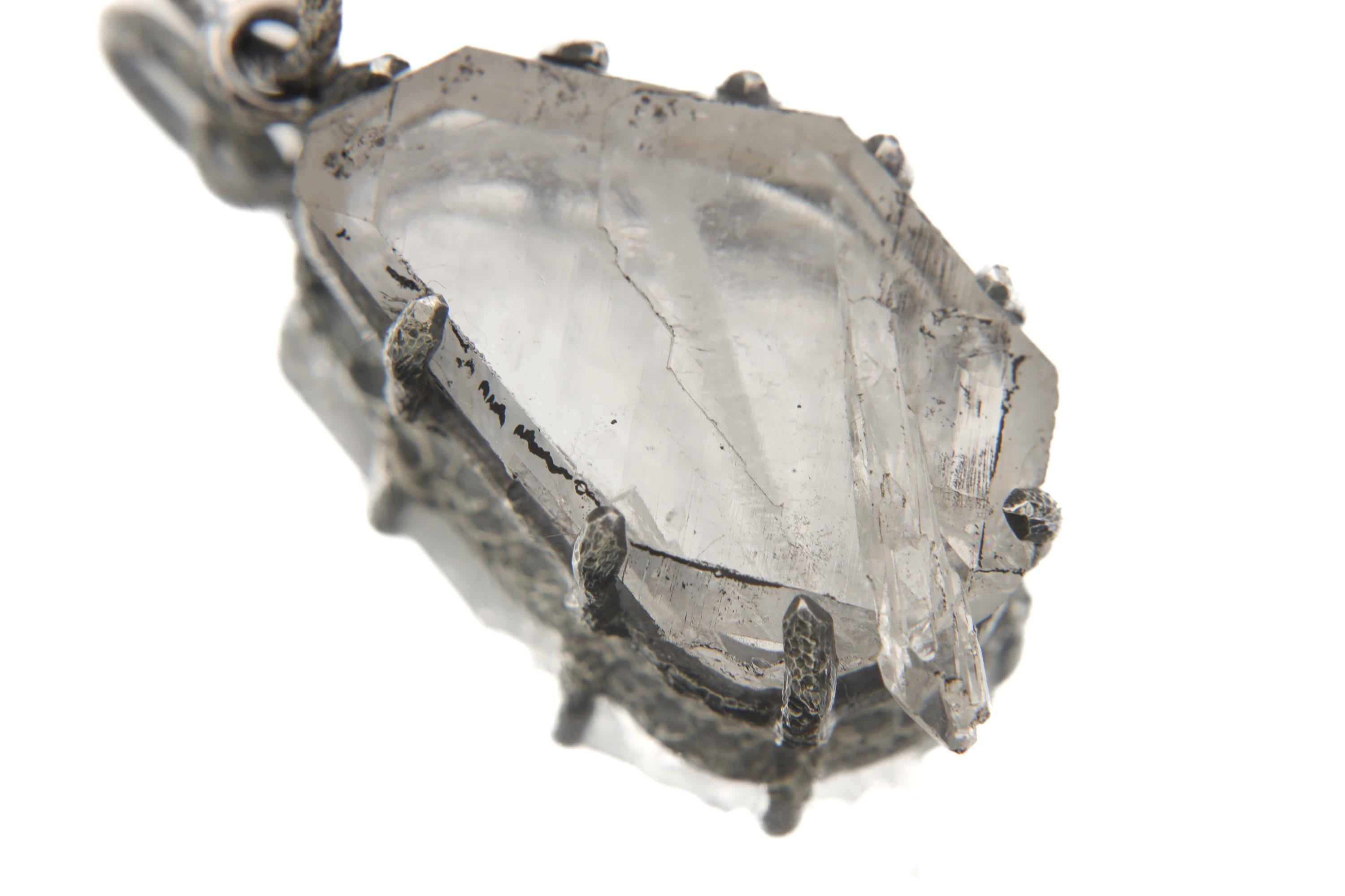 Tabular Faden Quartz Pendant Sterling Silver Claw Setting Hammer Texture Oxidized Finish Crown Chakra Raw Crystal Jewelry