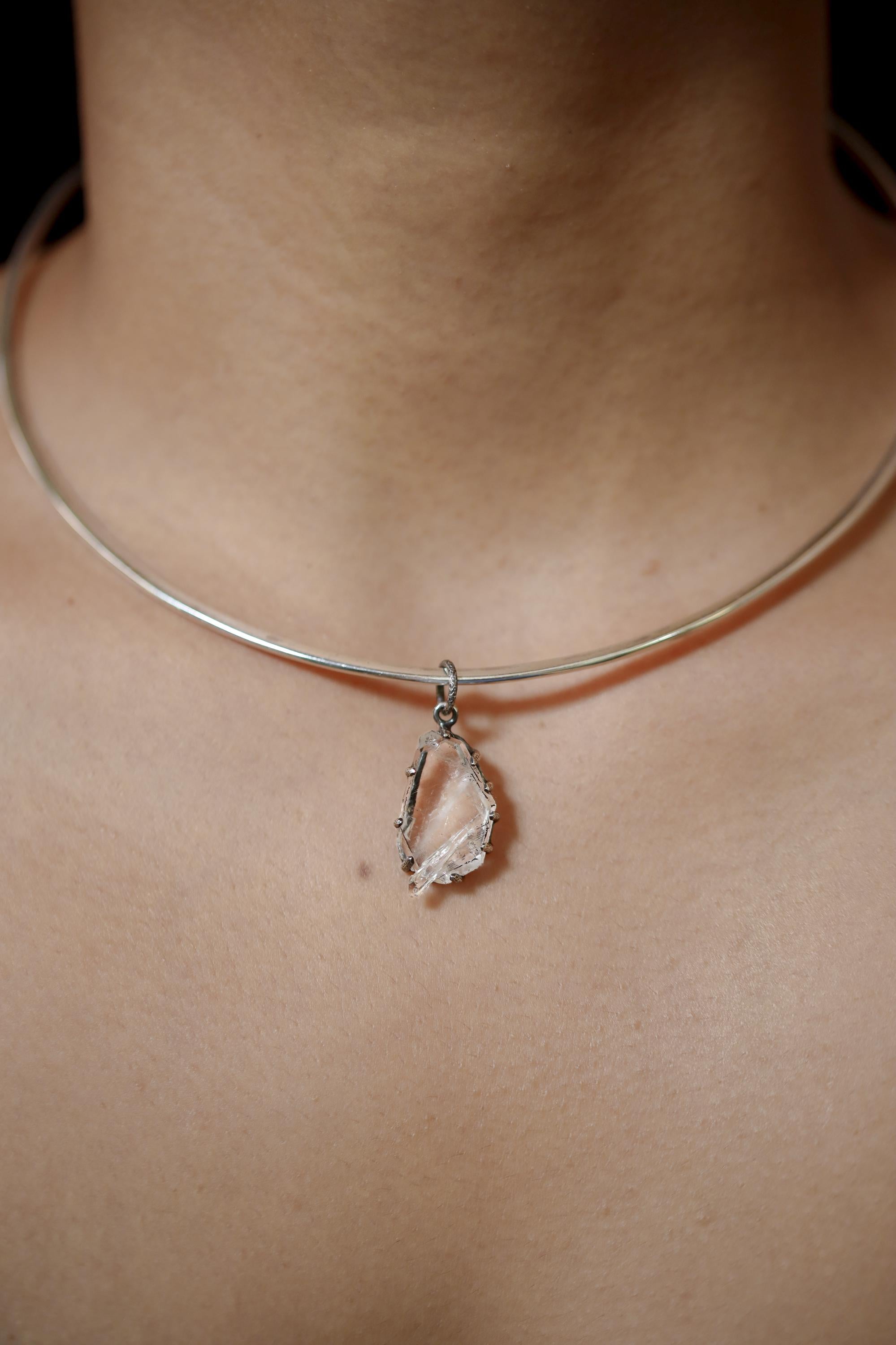 Tabular Faden Quartz Pendant Sterling Silver Claw Setting Hammer Texture Oxidized Finish Crown Chakra Raw Crystal Jewelry