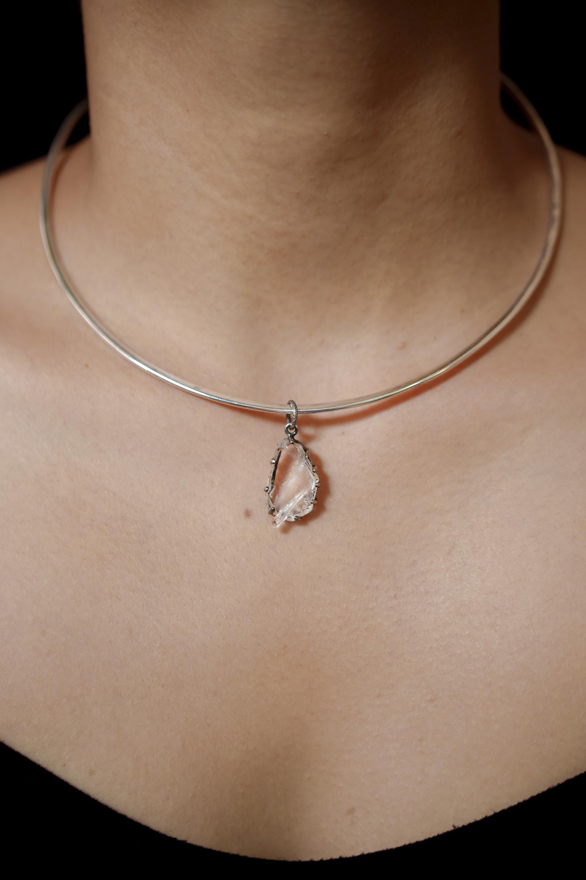 Tabular Faden Quartz Pendant Sterling Silver Claw Setting Hammer Texture Oxidized Finish Crown Chakra Raw Crystal Jewelry