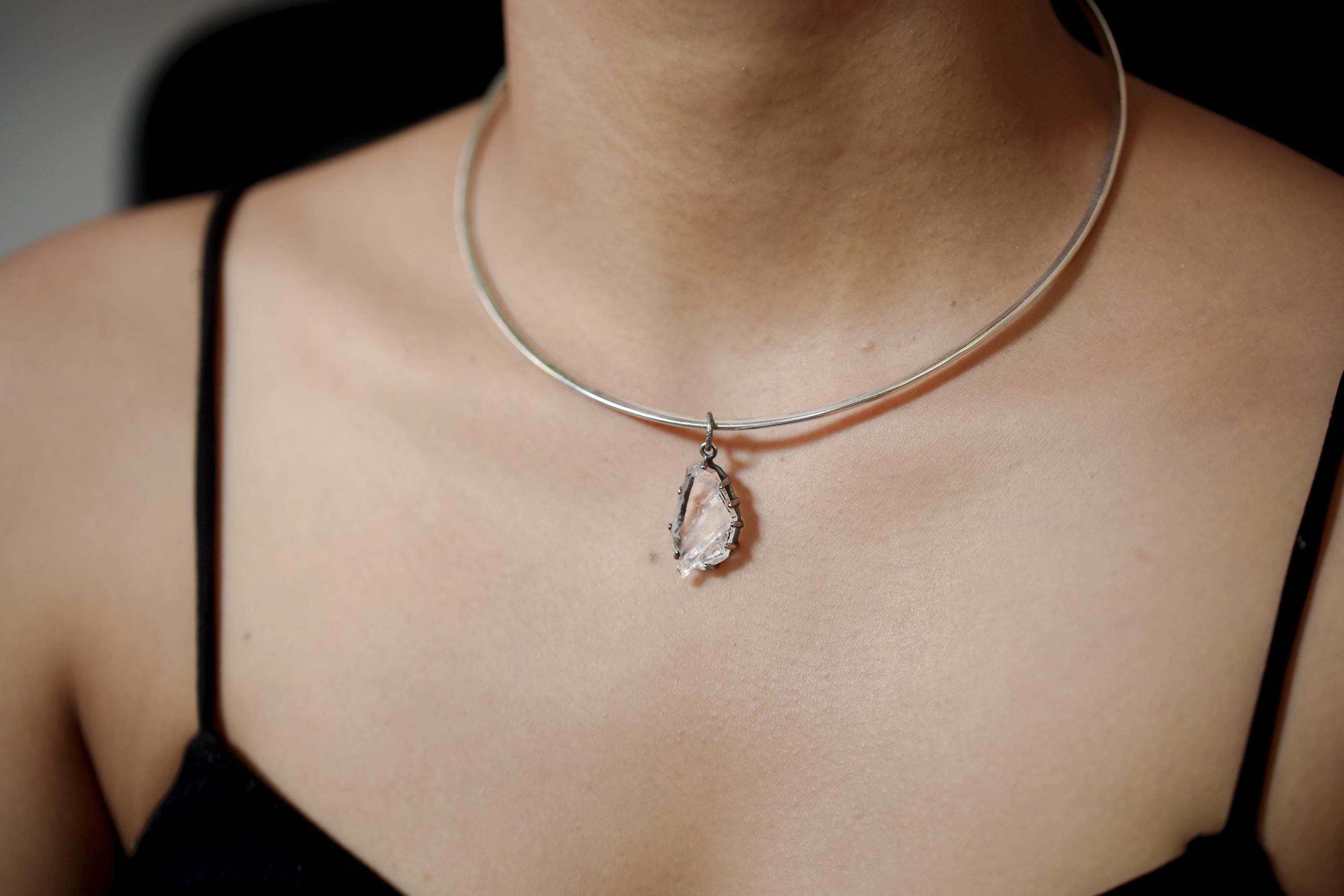 Tabular Faden Quartz Pendant Sterling Silver Claw Setting Hammer Texture Oxidized Finish Crown Chakra Raw Crystal Jewelry