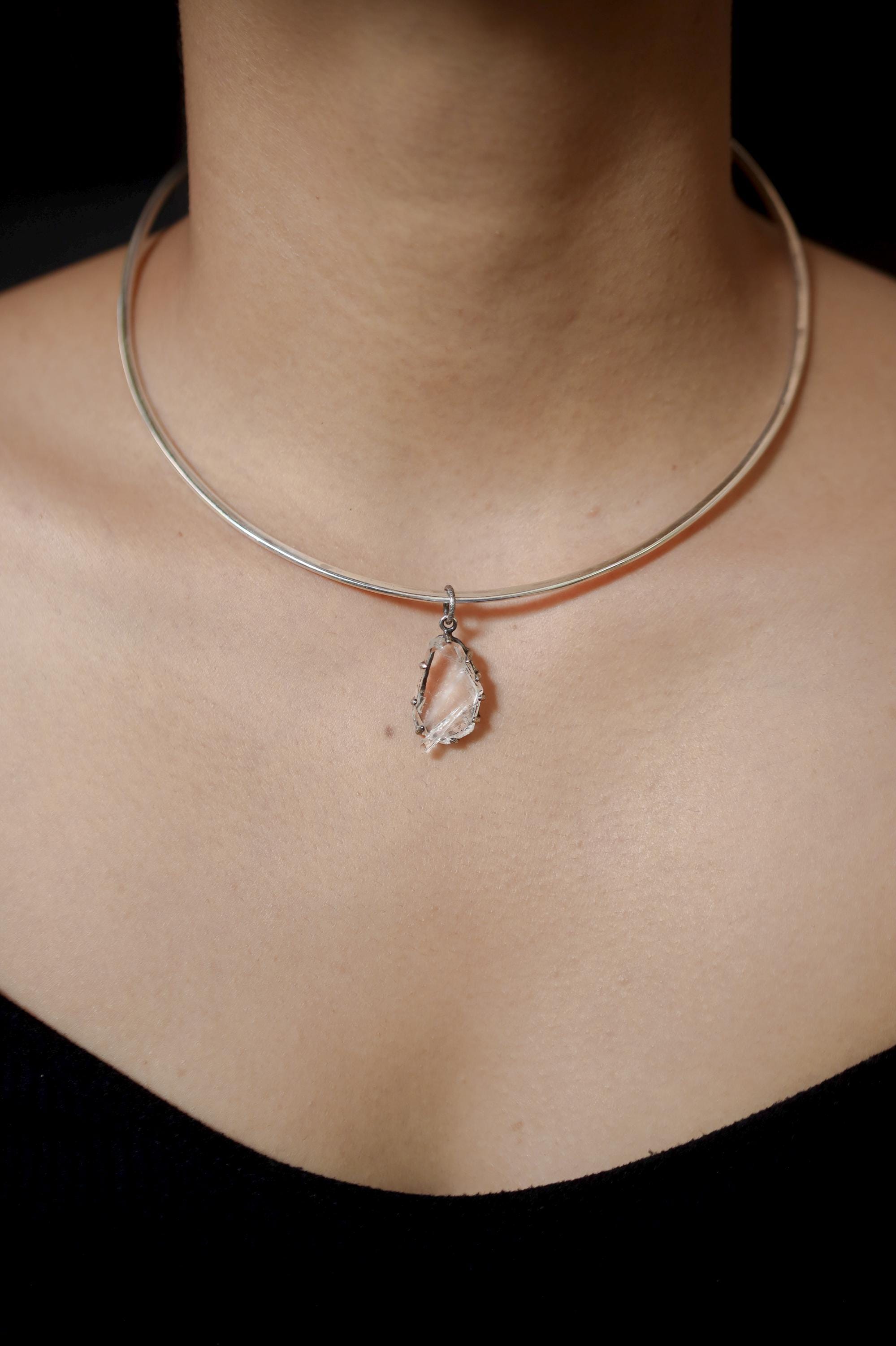 Tabular Faden Quartz Pendant Sterling Silver Claw Setting Hammer Texture Oxidized Finish Crown Chakra Raw Crystal Jewelry