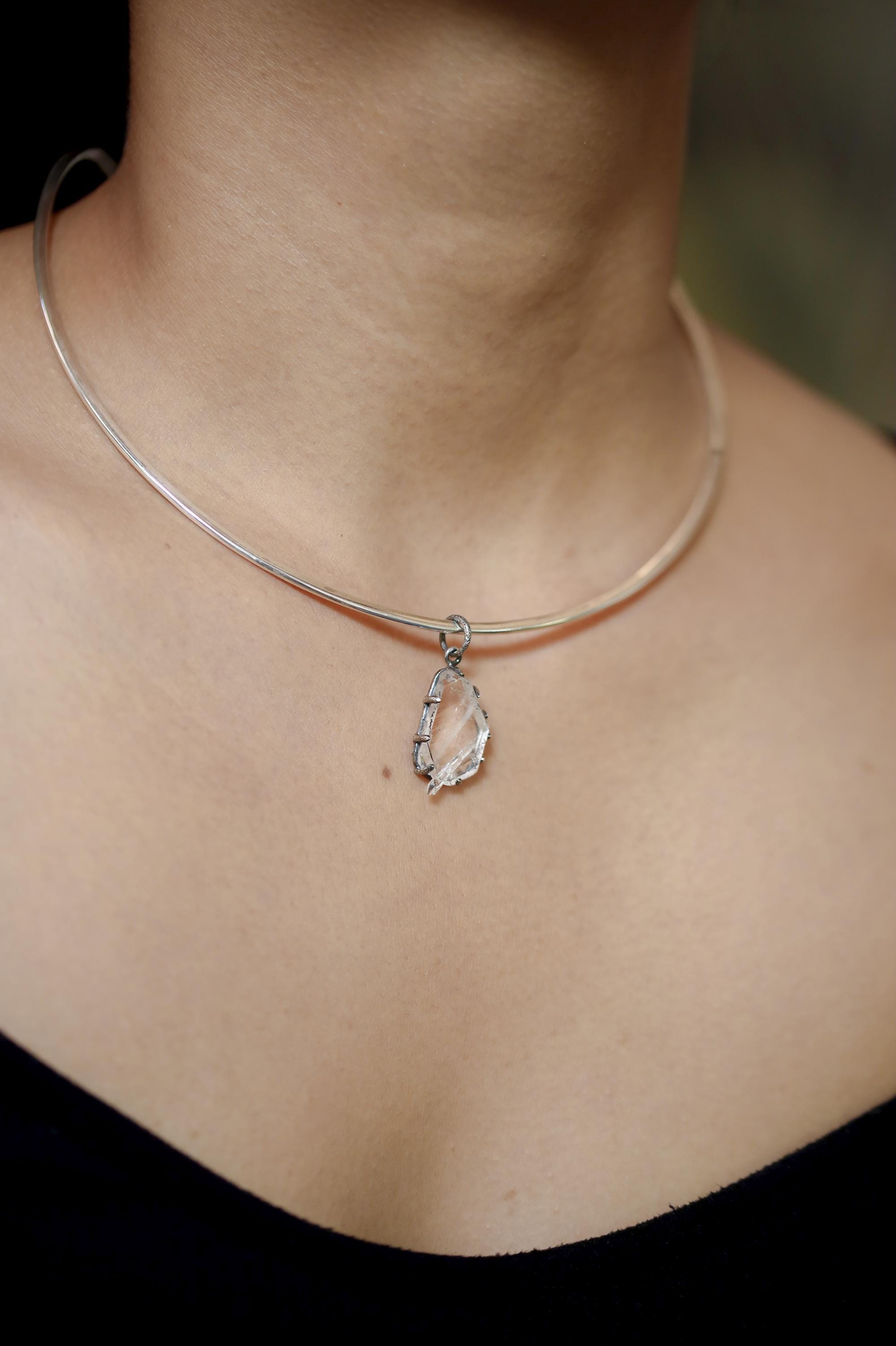 Tabular Faden Quartz Pendant Sterling Silver Claw Setting Hammer Texture Oxidized Finish Crown Chakra Raw Crystal Jewelry