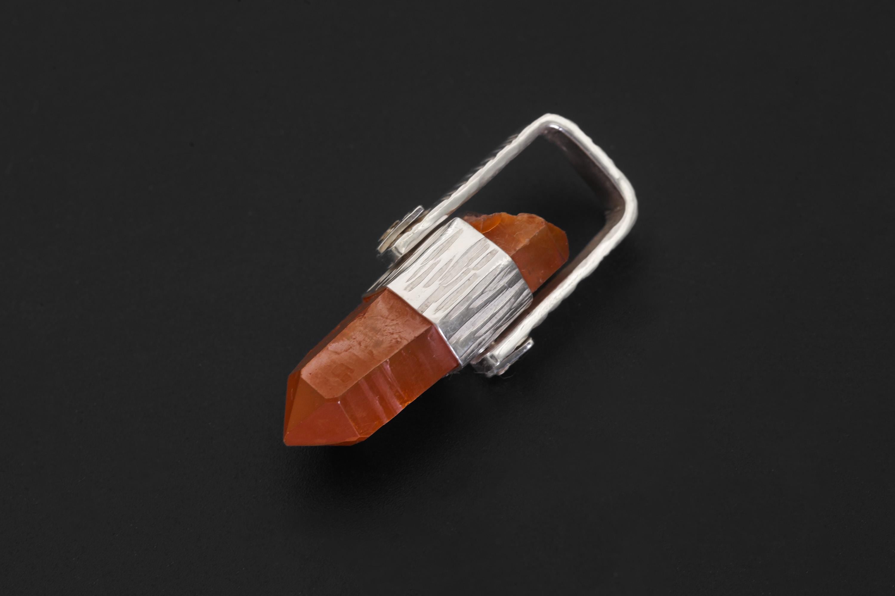 Orange Lithium Lemurian Quartz Pendant, Hammered 925 Silver