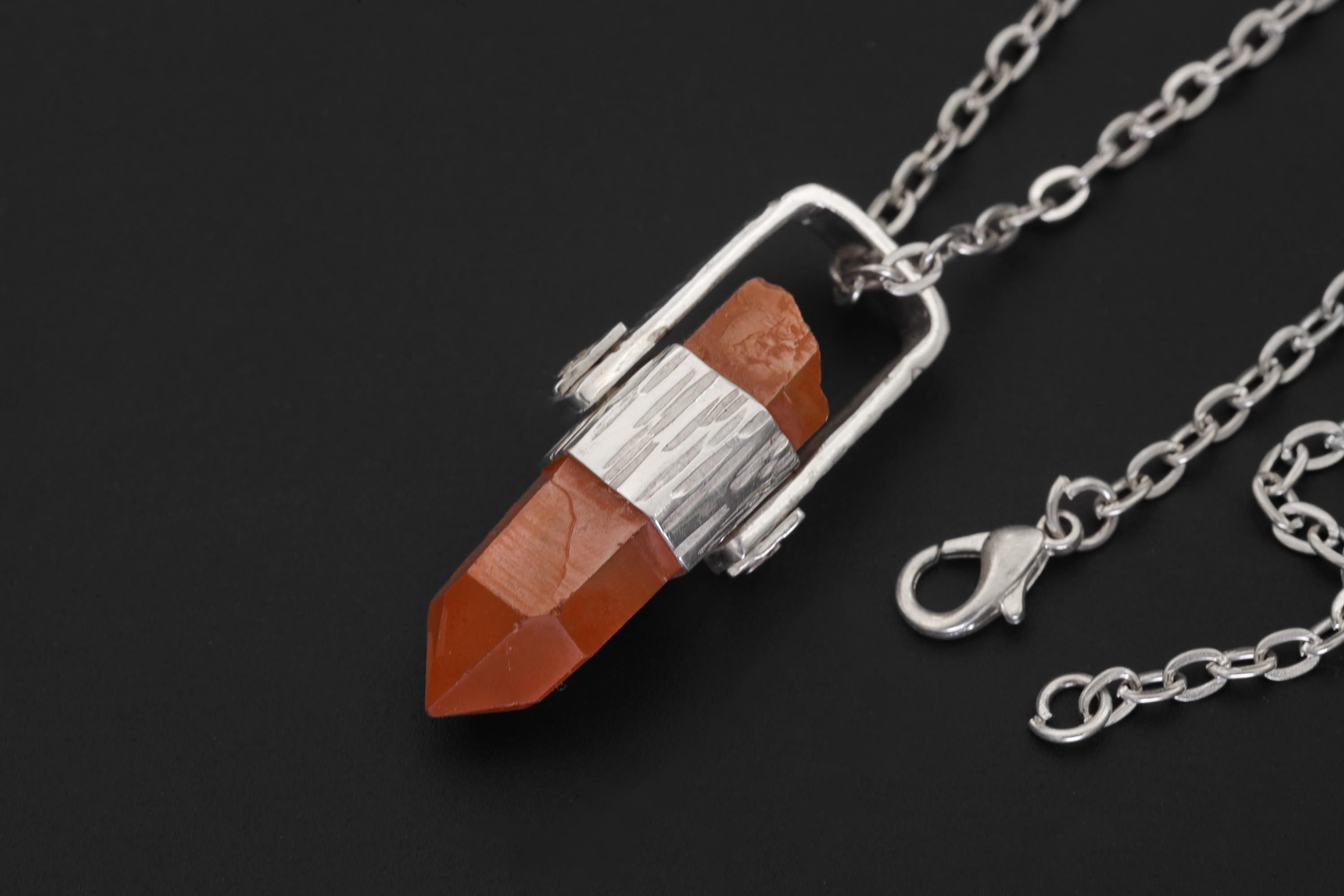 Australian Orange Lithium Lemurian Quartz Point Pendant, 925 Silver, Hammered Texture, High Shine, Root Chakra, Minimalist Unique Gift