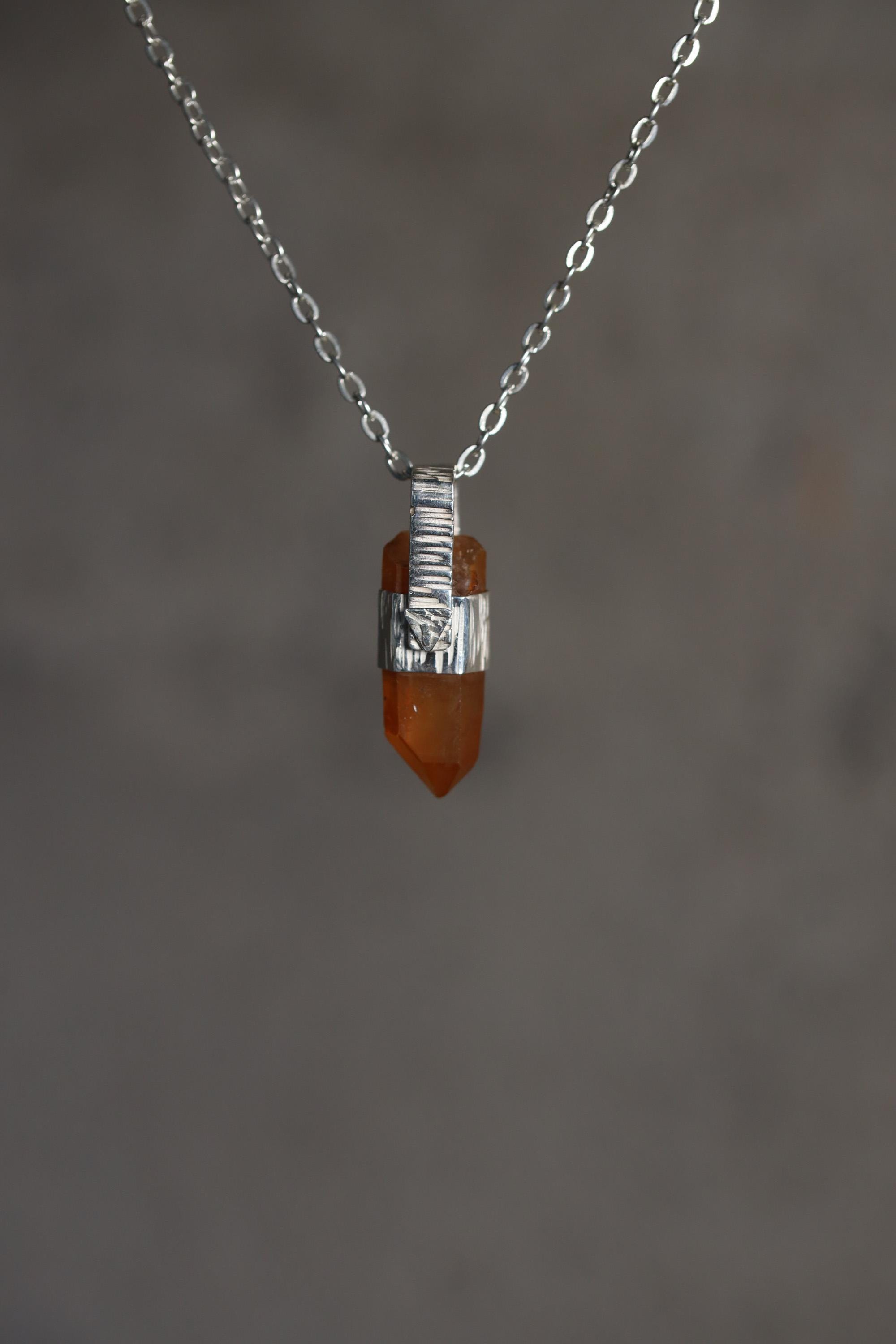 Australian Orange Lithium Lemurian Quartz Point Pendant, 925 Silver, Hammered Texture, High Shine, Root Chakra, Minimalist Unique Gift