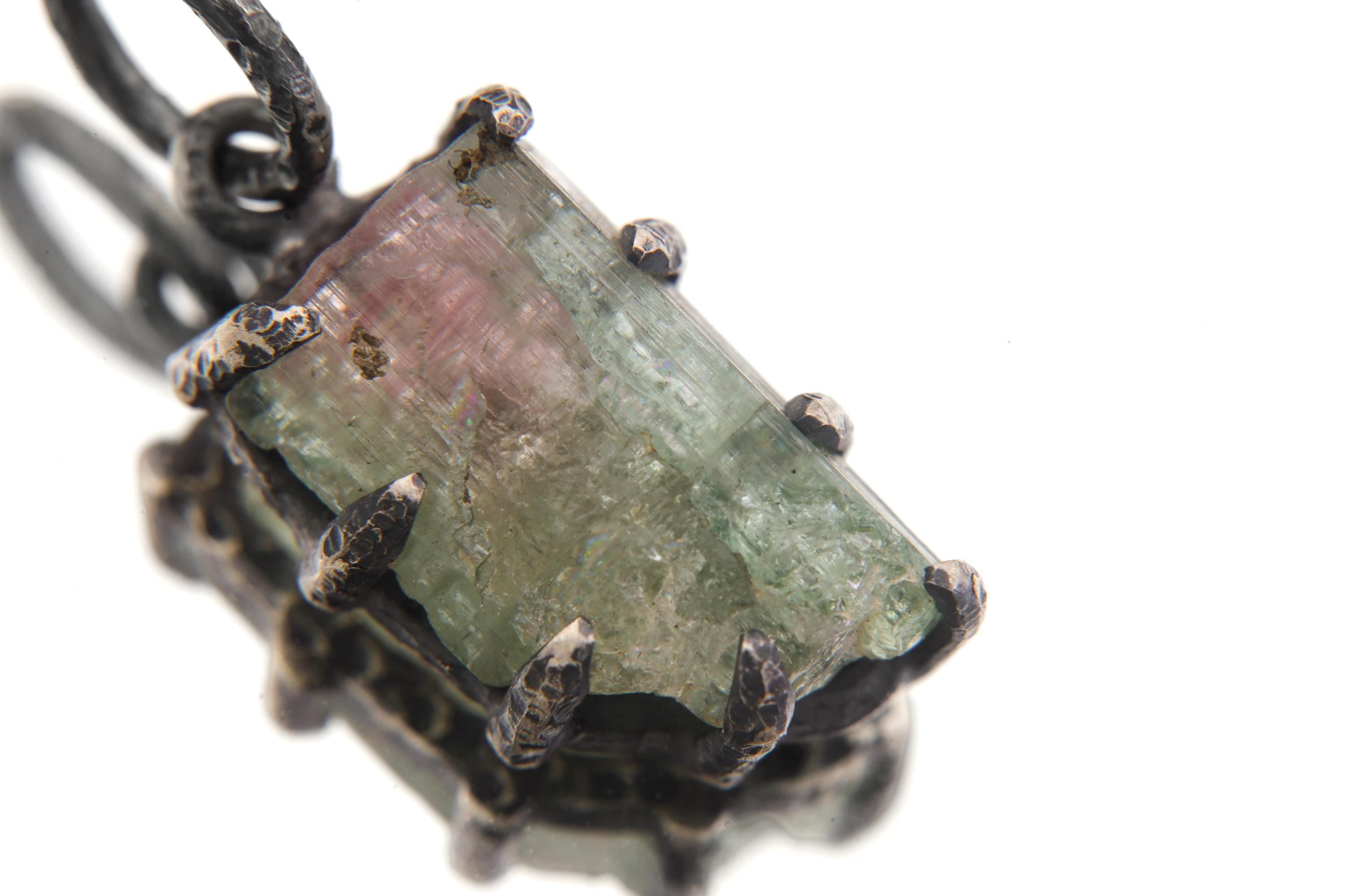 High Grade Watermelon Tourmaline Pendant Sterling Silver Claw Setting Raw Crystal Tabular Gem Heart Chakra Jewelry Oxidised Finish