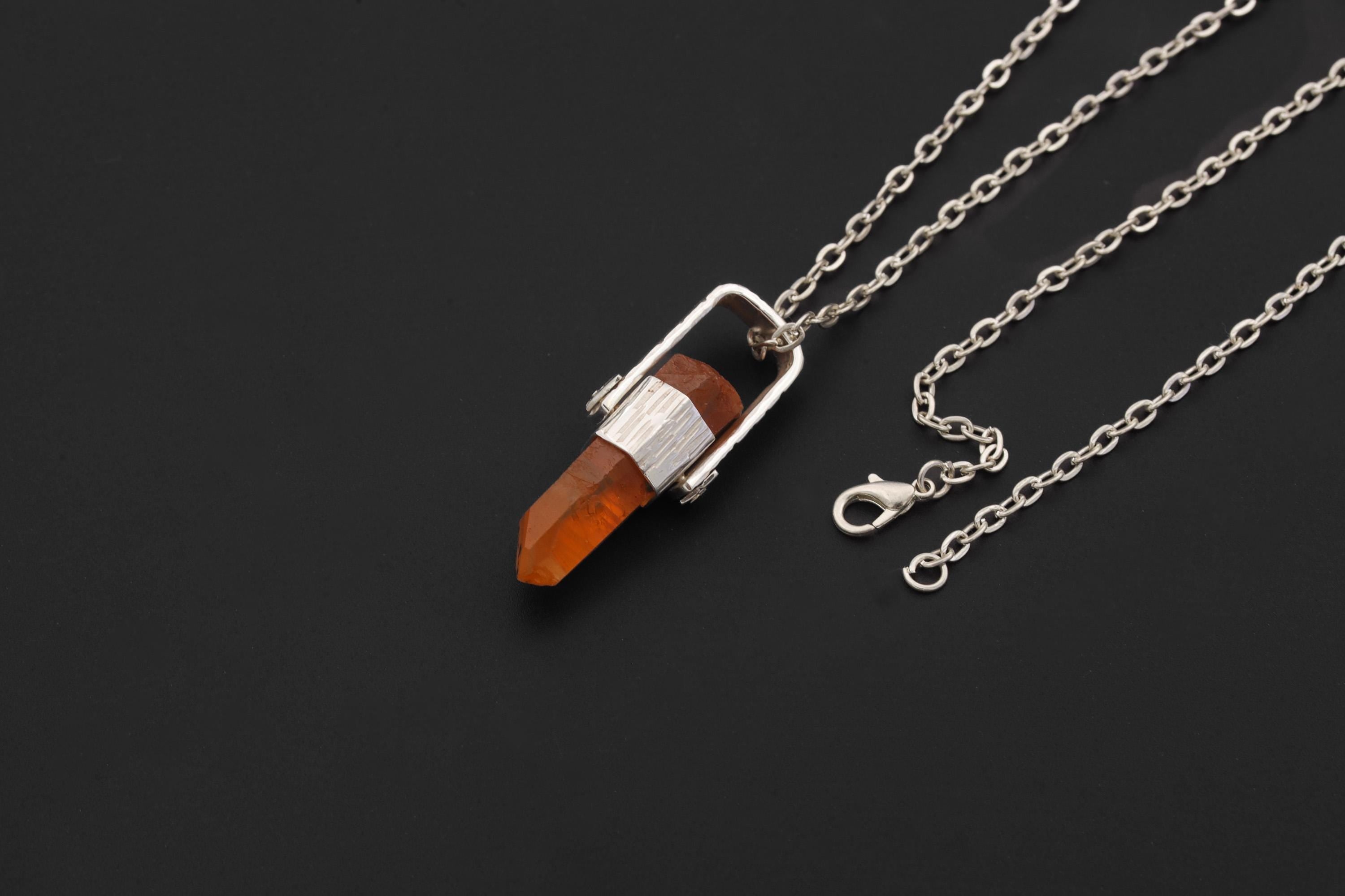 Australian Lemurian Quartz Pendant 925 Sterling Silver Hammered Cap Orange Crystal Point Crown Chakra Gift