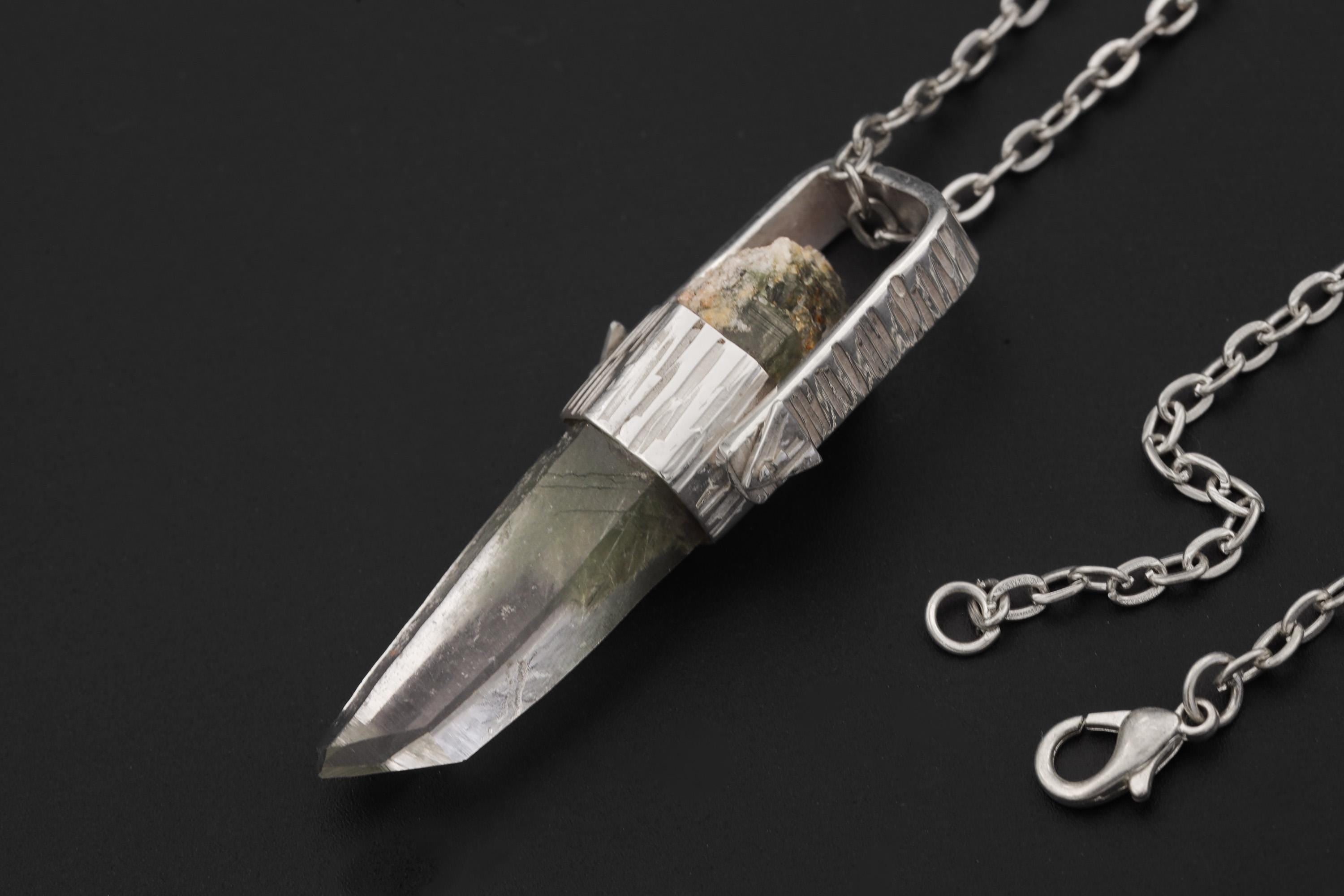 Himalayan Lemurian Laser Chlorite Rutile Quartz Point Pendant, Sterling Silver, Line Hammered Texture, High Shine Finish, Healing Jewelry