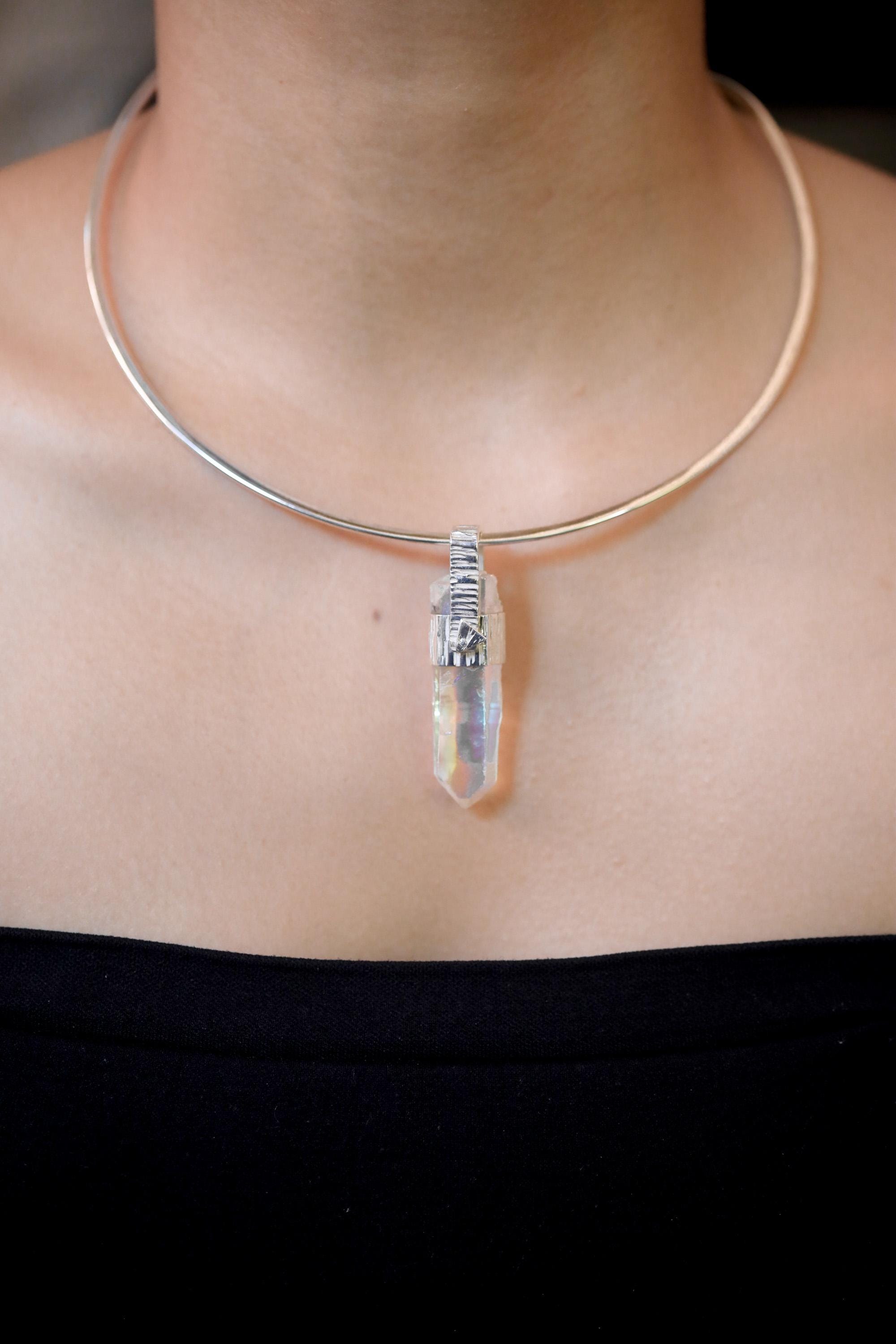 Lemurian Laser Opal Angle Aura Quartz Point Pendant, Sterling Silver, Hammered Texture, High Polish, Chakra Energy, Minimalist Talisman