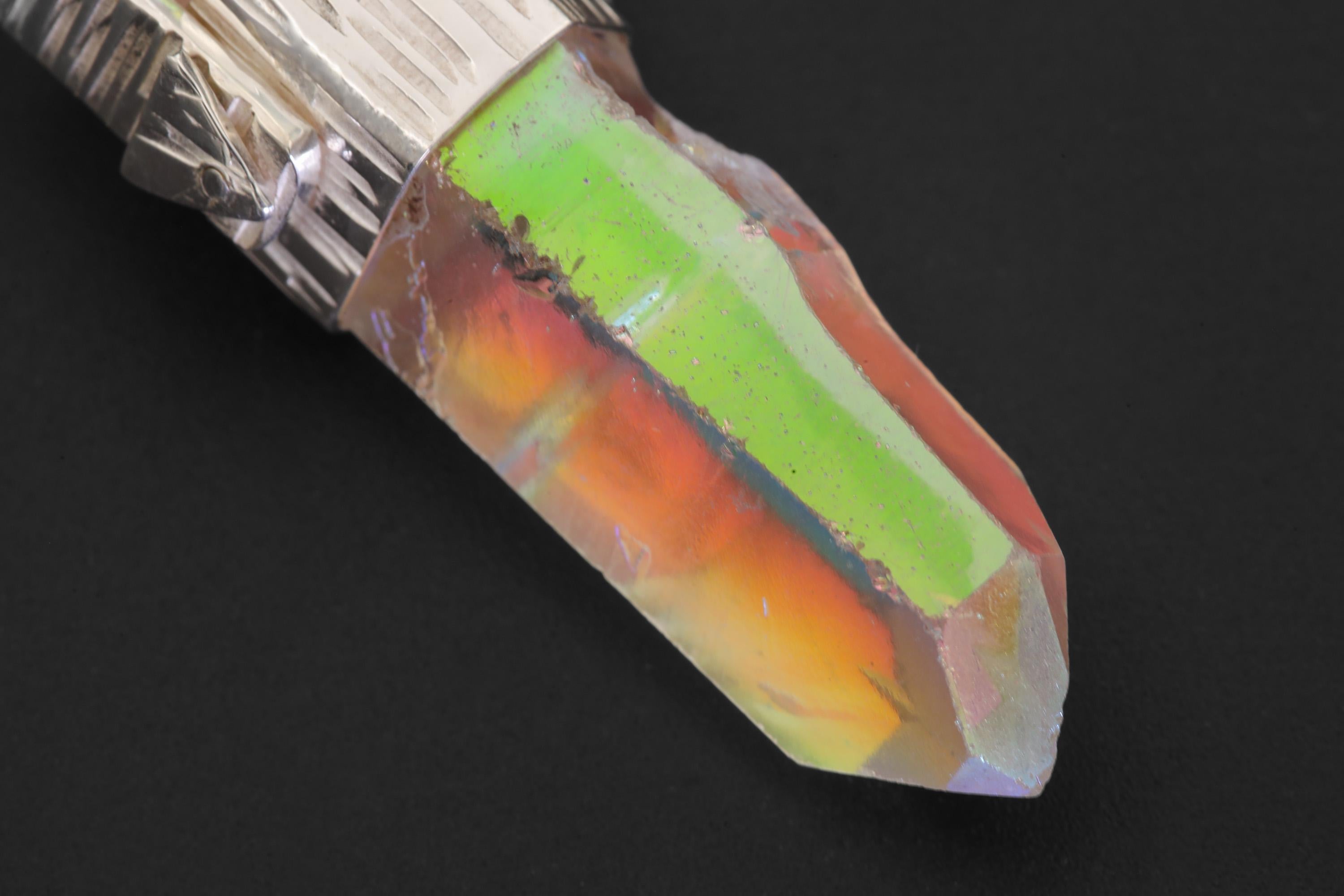 Lemurian Laser Opal Angle Aura Quartz Point Pendant, Sterling Silver, Hammered Texture, High Polish, Chakra Energy, Minimalist Talisman
