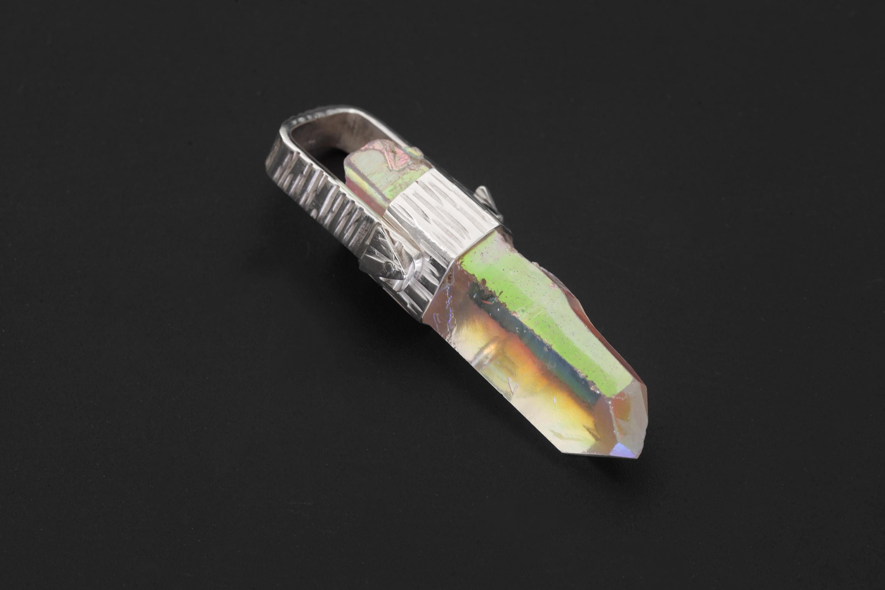 Lemurian Laser Opal Angle Aura Quartz Point Pendant, Sterling Silver, Hammered Texture, High Polish, Chakra Energy, Minimalist Talisman