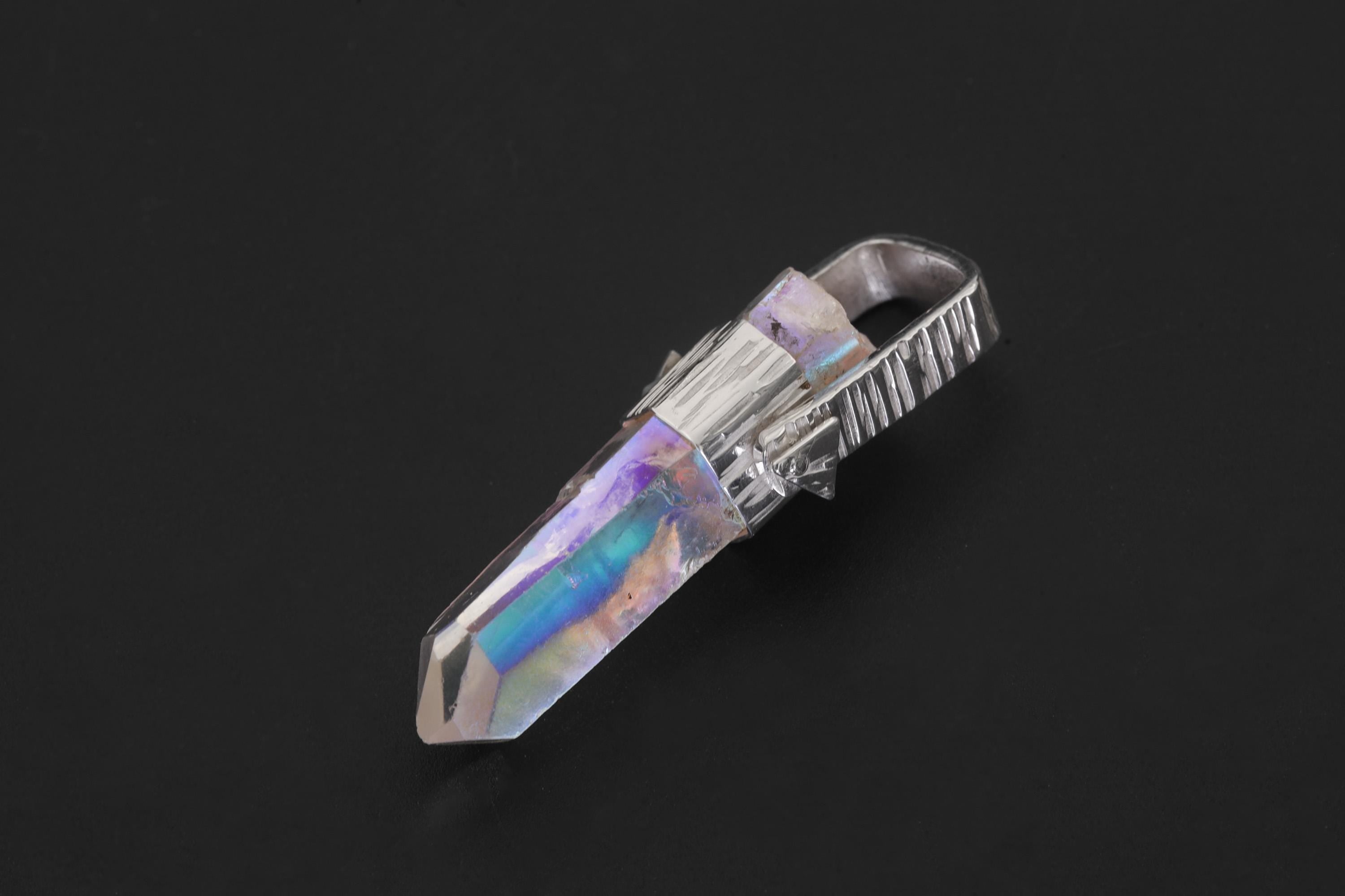 Lemurian Laser Opal Angle Aura Quartz Point Pendant, Sterling Silver, Hammered Texture, High Polish, Chakra Energy, Minimalist Talisman