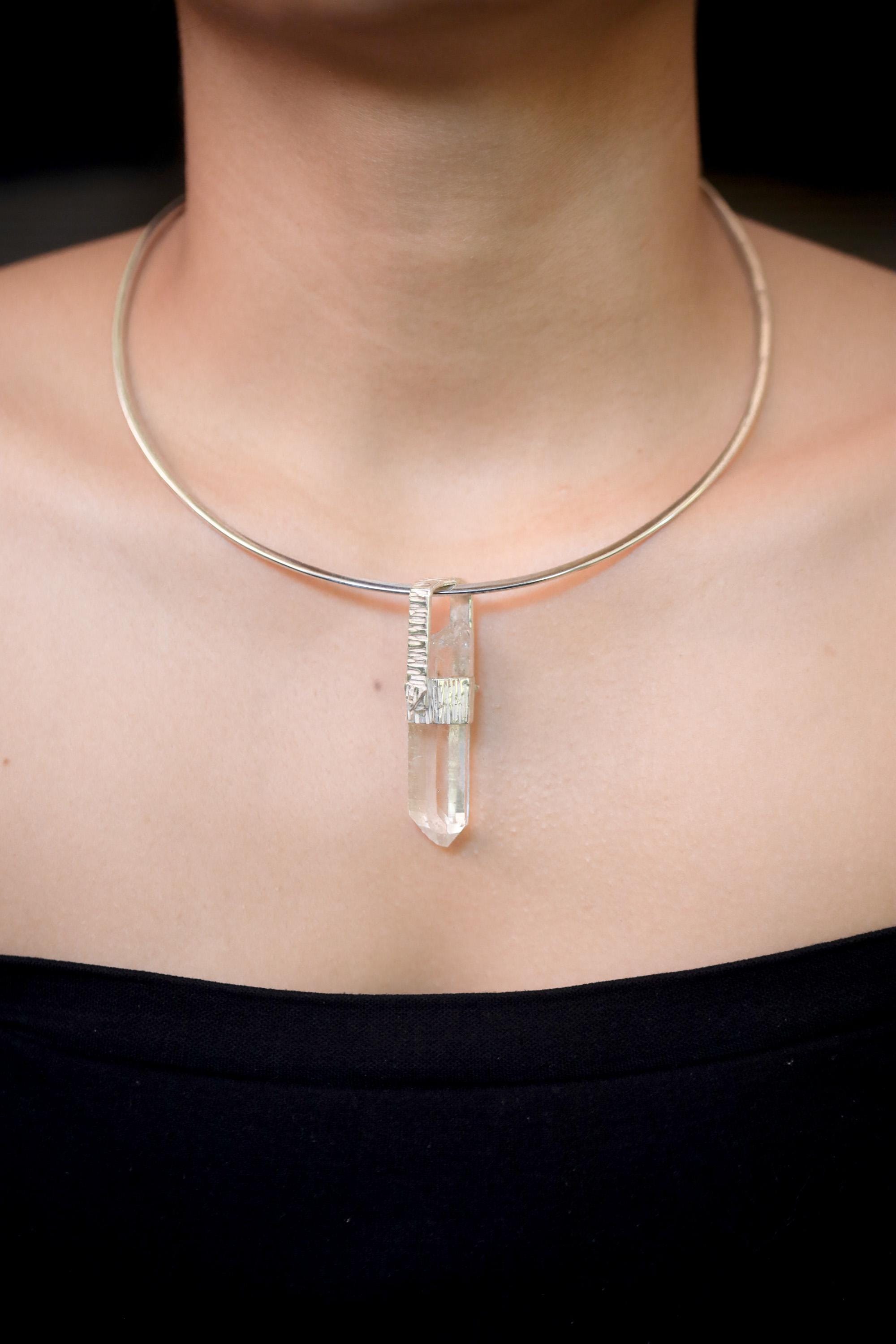 Himalayan Lemurian Rainbow Inclusion Clear Quartz Point Pendant, 925 Silver, High Shine, Hammered Texture, Meditation Crystal Talisman