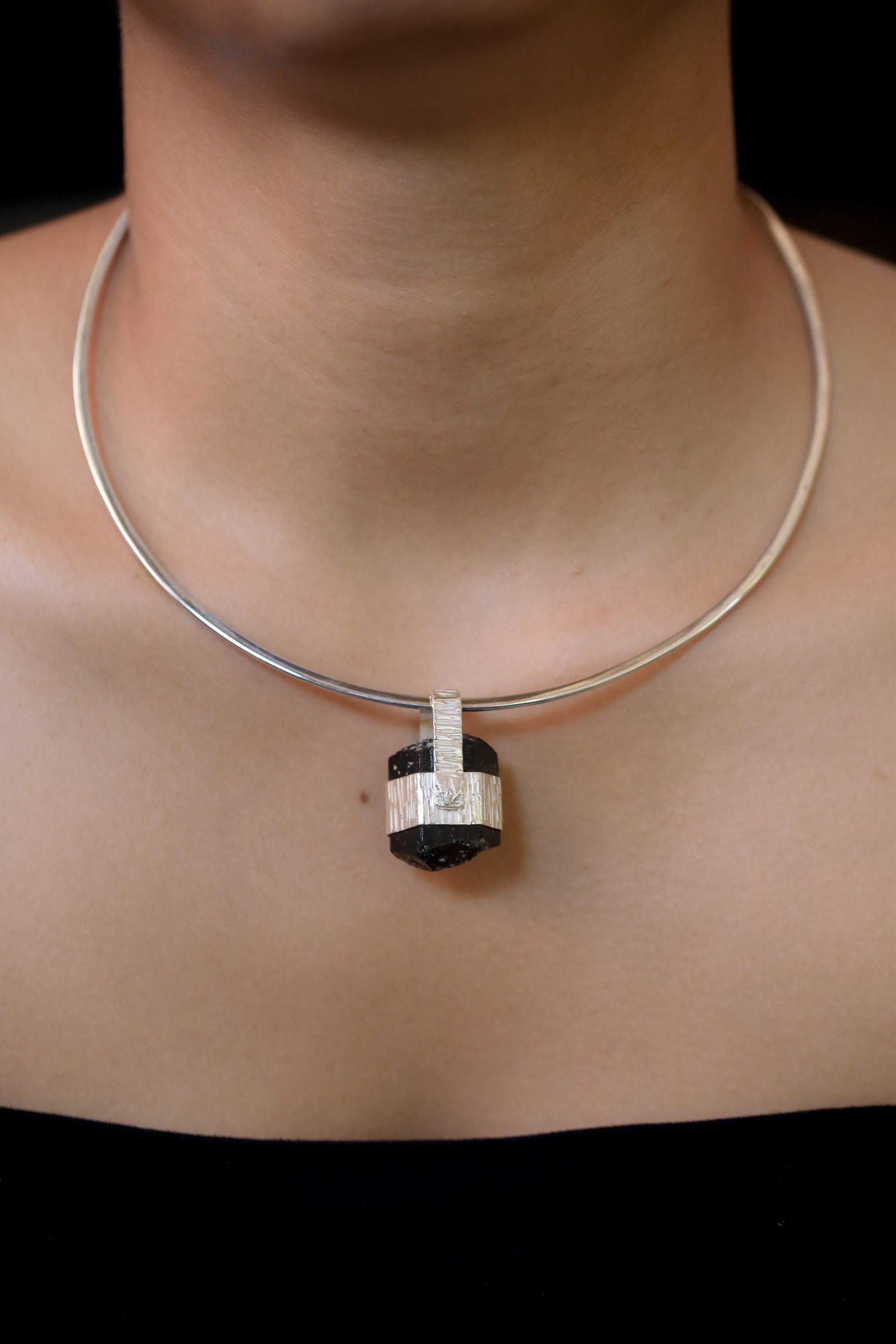 Himalayan Double Terminated Raw Hexagonal Black Tourmaline Specimen Pendant, 925 Silver Wrap, High Shine, Root Chakra Protection Jewelry