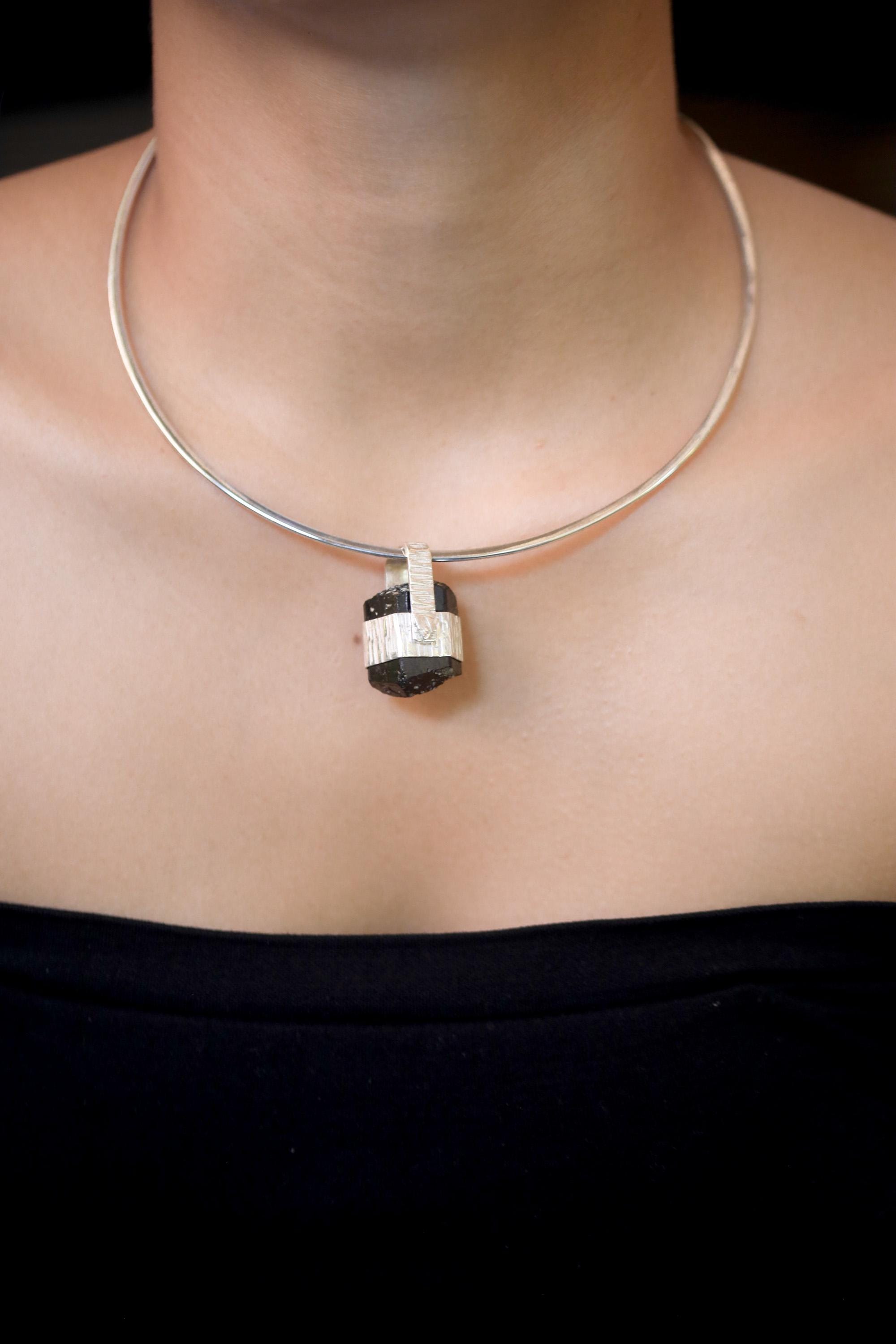 Himalayan Double Terminated Raw Hexagonal Black Tourmaline Specimen Pendant, 925 Silver Wrap, High Shine, Root Chakra Protection Jewelry