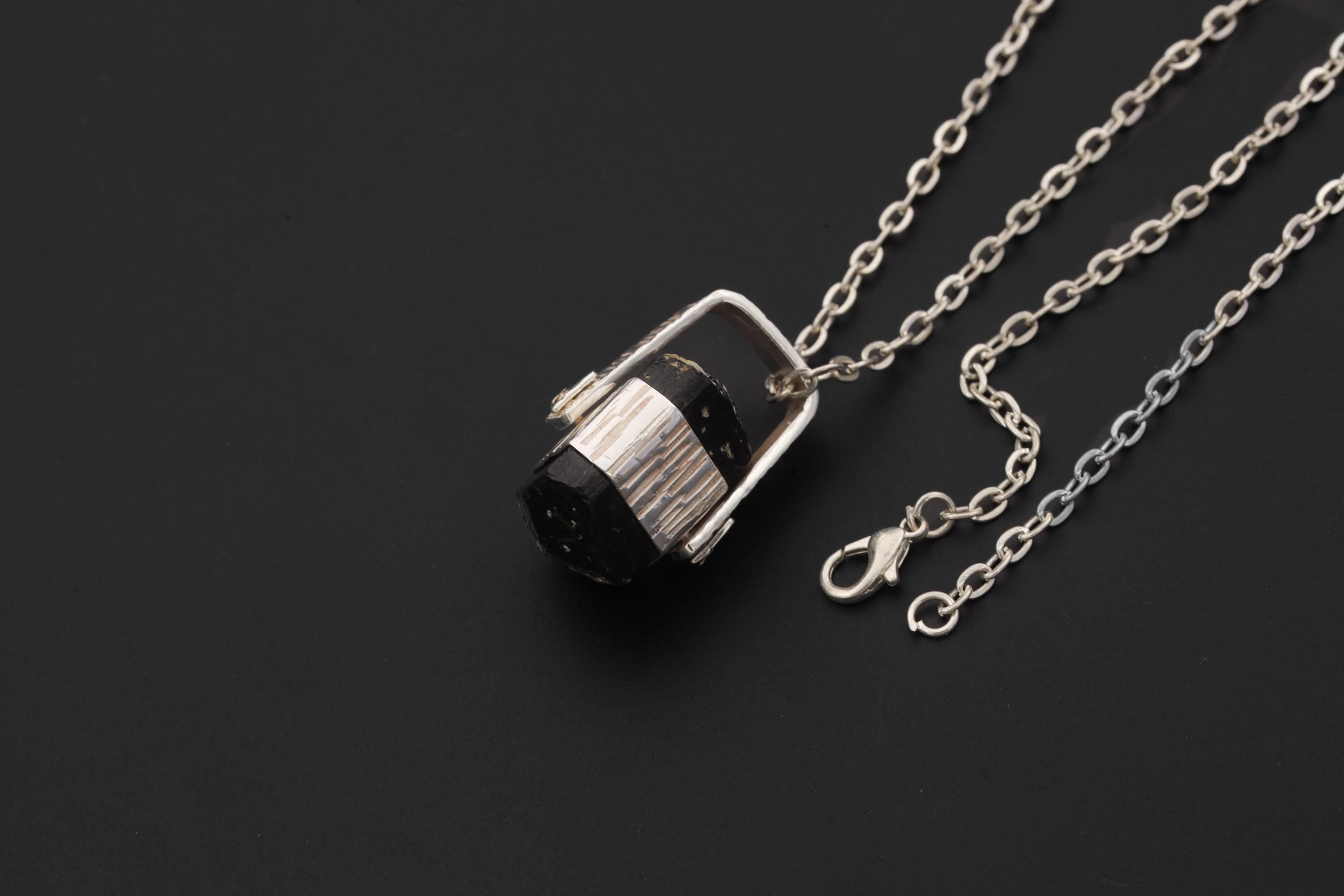 Himalayan Double Terminated Raw Hexagonal Black Tourmaline Specimen Pendant, 925 Silver Wrap, High Shine, Root Chakra Protection Jewelry