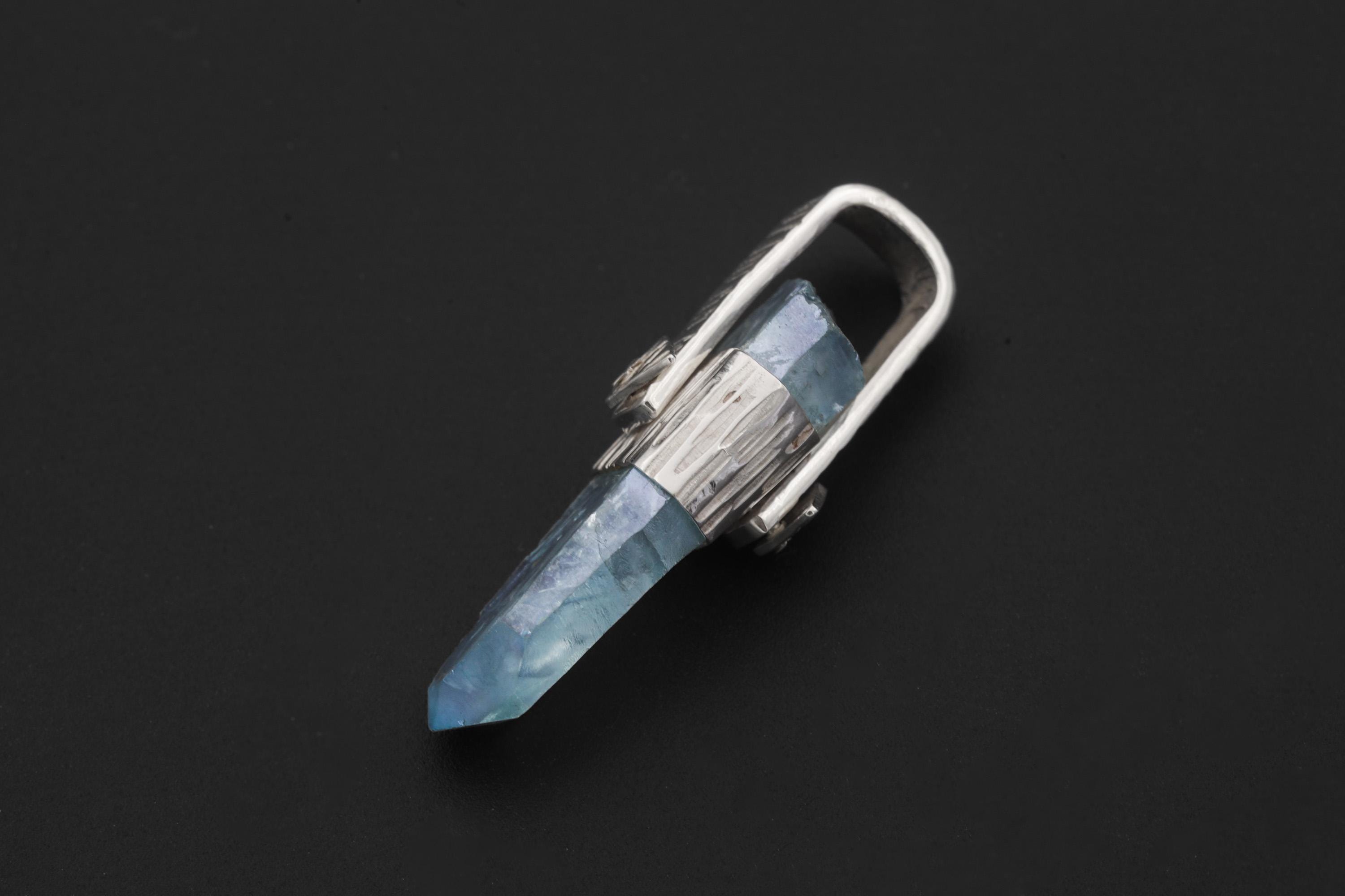 Tabular Rainbow Inclusion Aqua Aura Quartz Point Pendant, 925 Silver, Textured Bark Finish, Chakra Jewelry, Healing Quartz Energy Gift