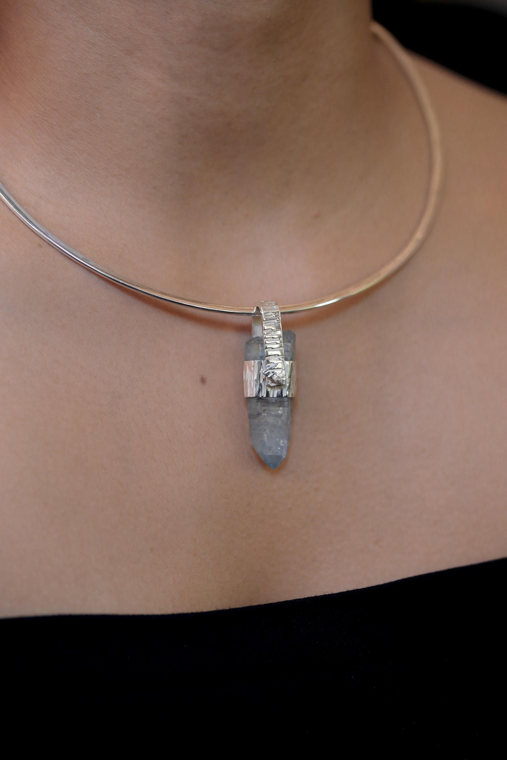 Tabular Rainbow Inclusion Aqua Aura Quartz Point Pendant, 925 Silver, Textured Bark Finish, Chakra Jewelry, Healing Quartz Energy Gift