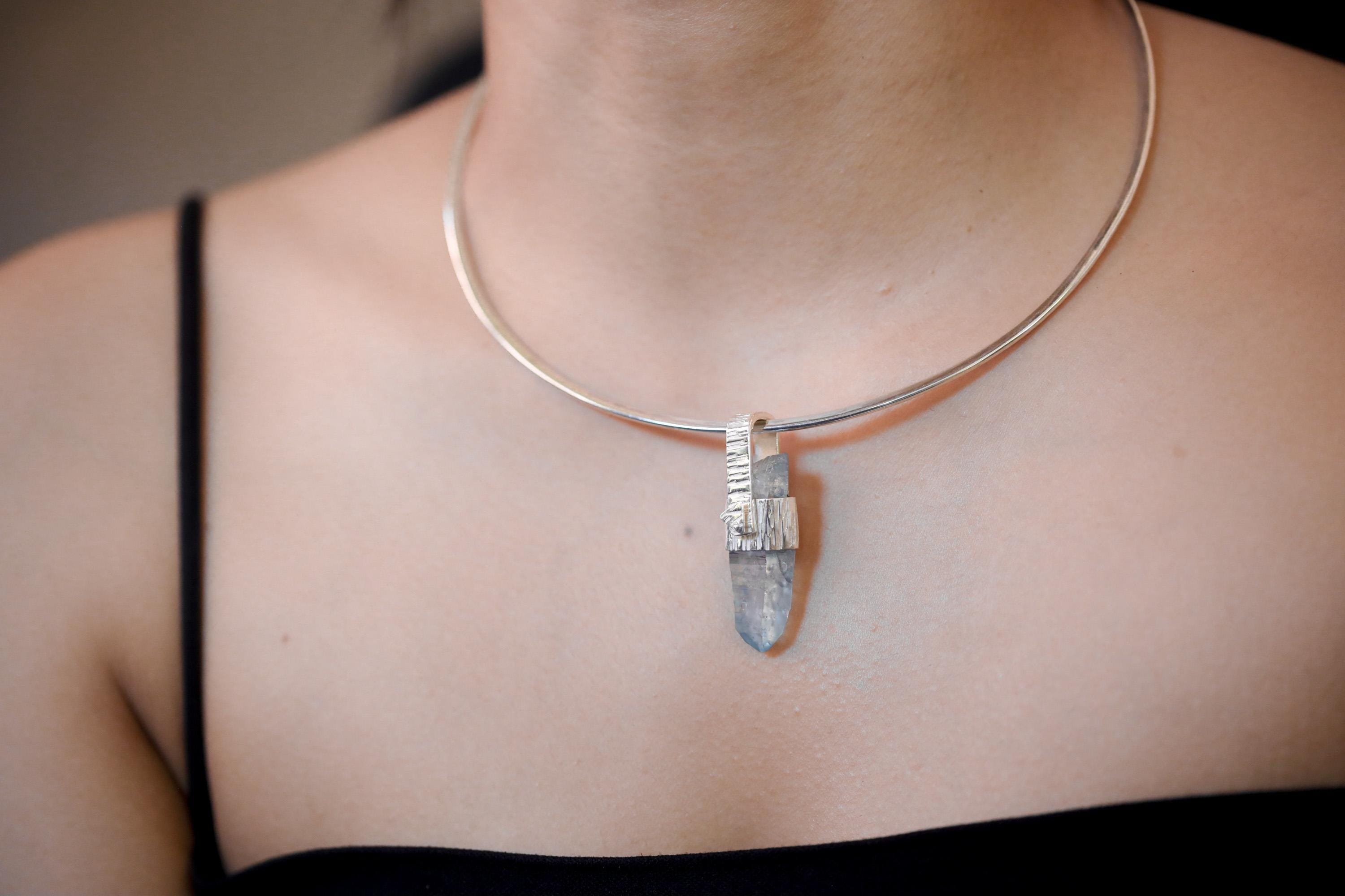 Tabular Rainbow Inclusion Aqua Aura Quartz Point Pendant, 925 Silver, Textured Bark Finish, Chakra Jewelry, Healing Quartz Energy Gift