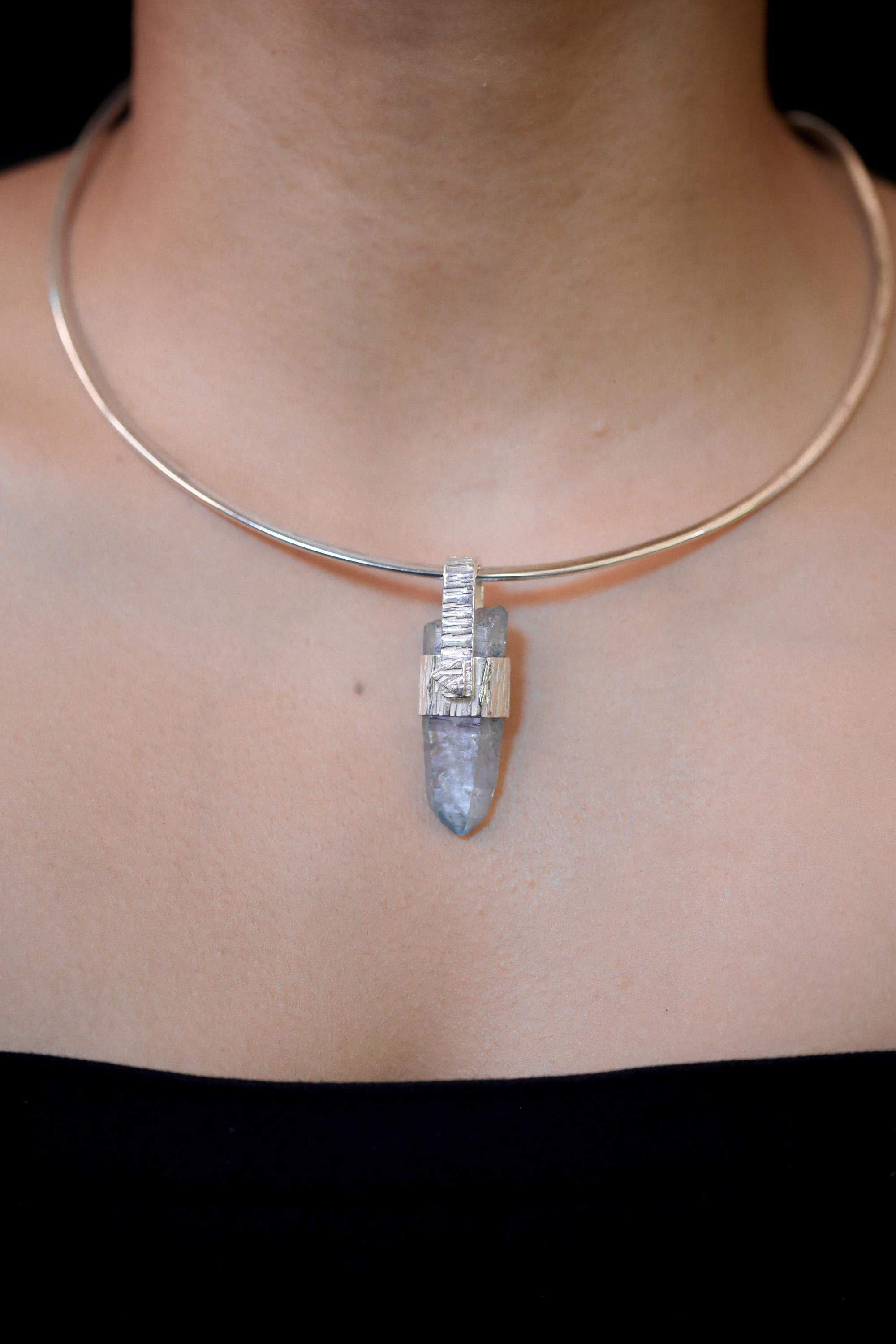 Tabular Rainbow Inclusion Aqua Aura Quartz Point Pendant, 925 Silver, Textured Bark Finish, Chakra Jewelry, Healing Quartz Energy Gift