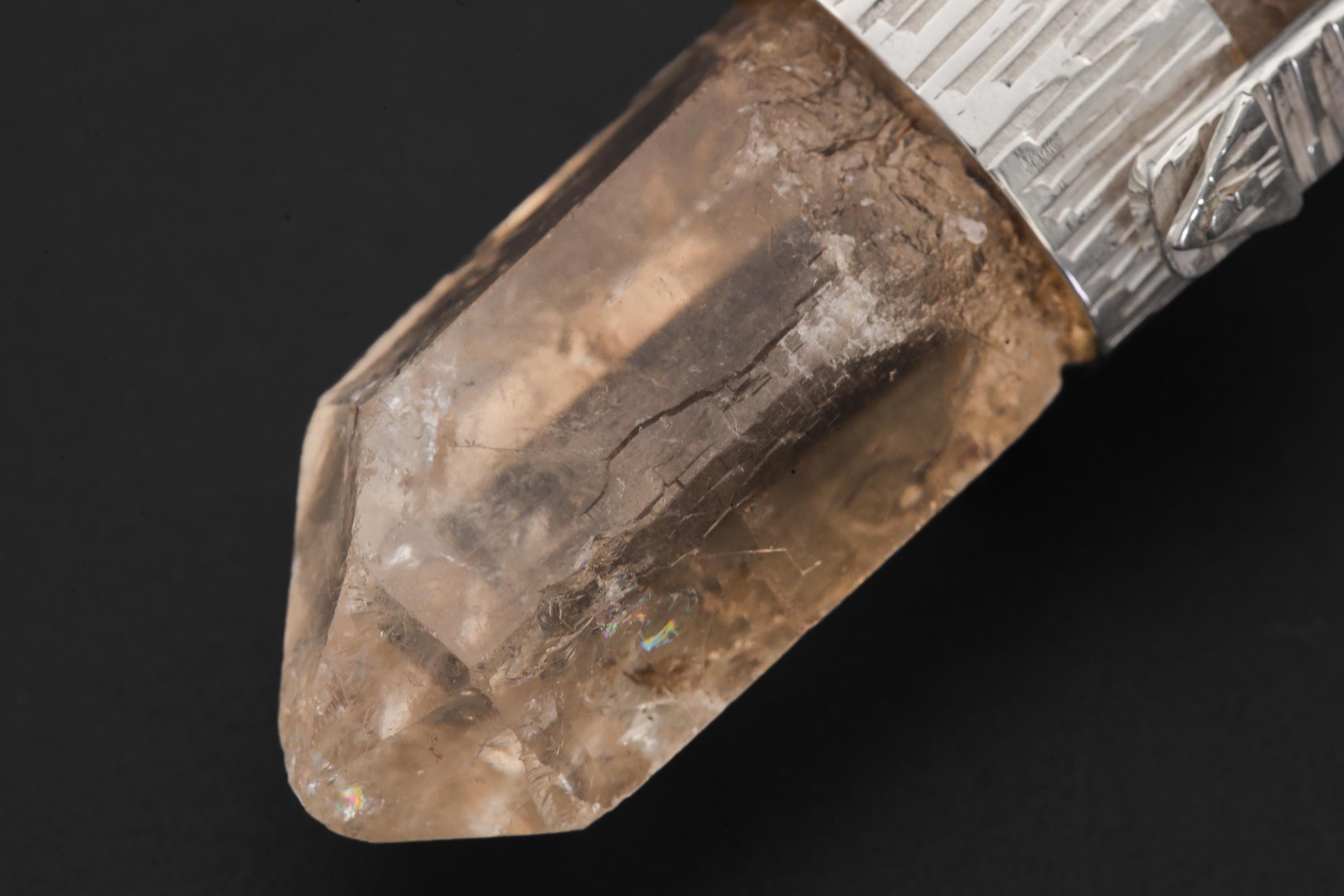 Hand Fossicked Light Smoky Rainbow Inclusion Generator Quartz Point Pendant, 925 Silver, High Shine, Hammered Texture, Minimalist Jewelry