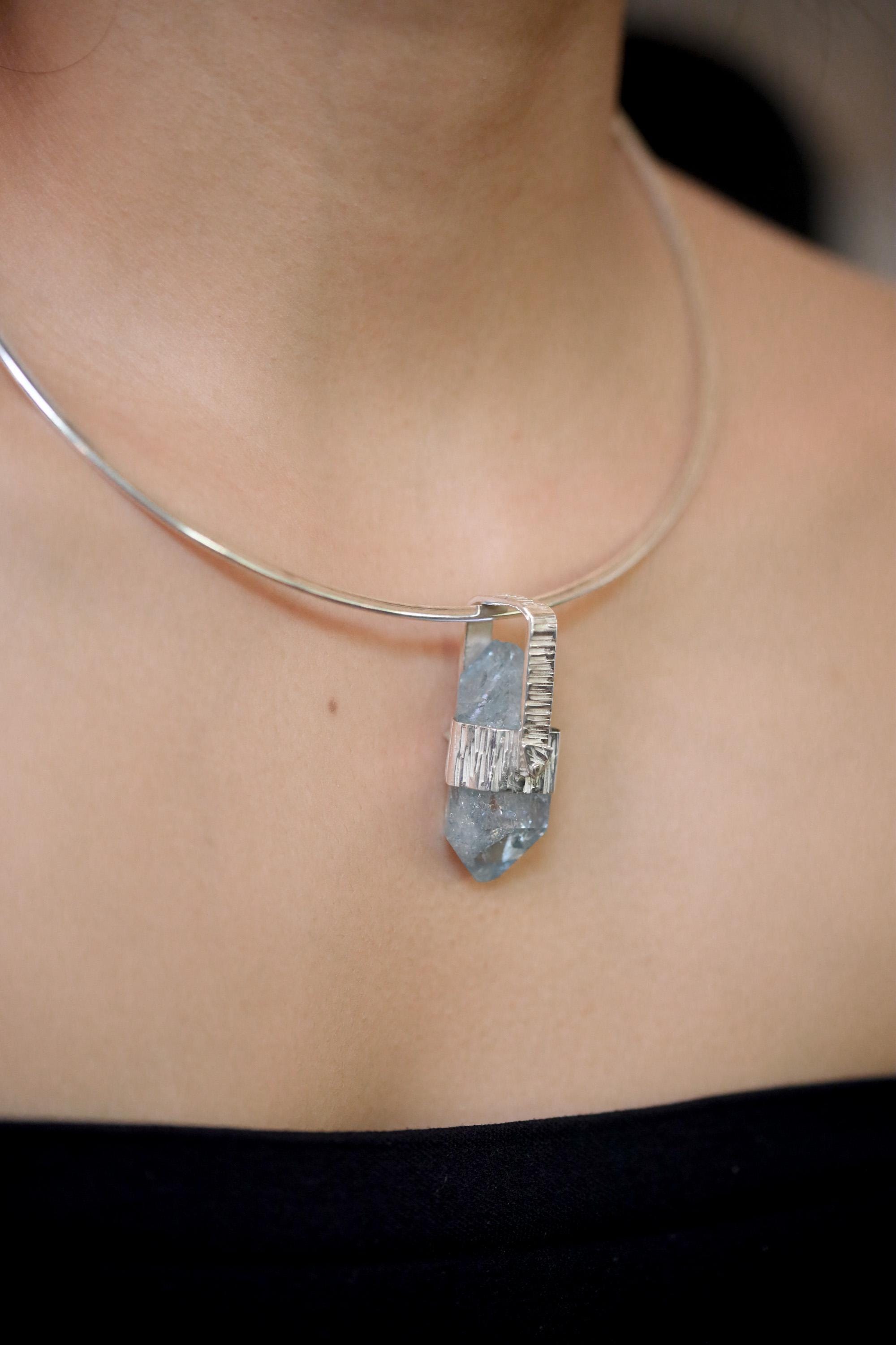 Aqua Aura Quartz Pendant 925 Sterling Silver Double Terminated Window Crystal Throat Crown Chakra Necklace